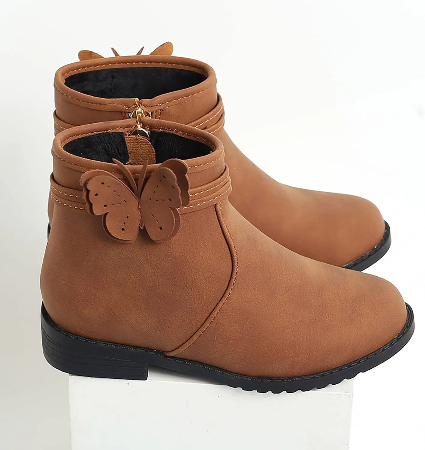 Girls Butterfly Decor Zip Side Boots Western Boots Kids Ankle Boots Girls Low Heel Riding Girls Water Proof Hiking Boots