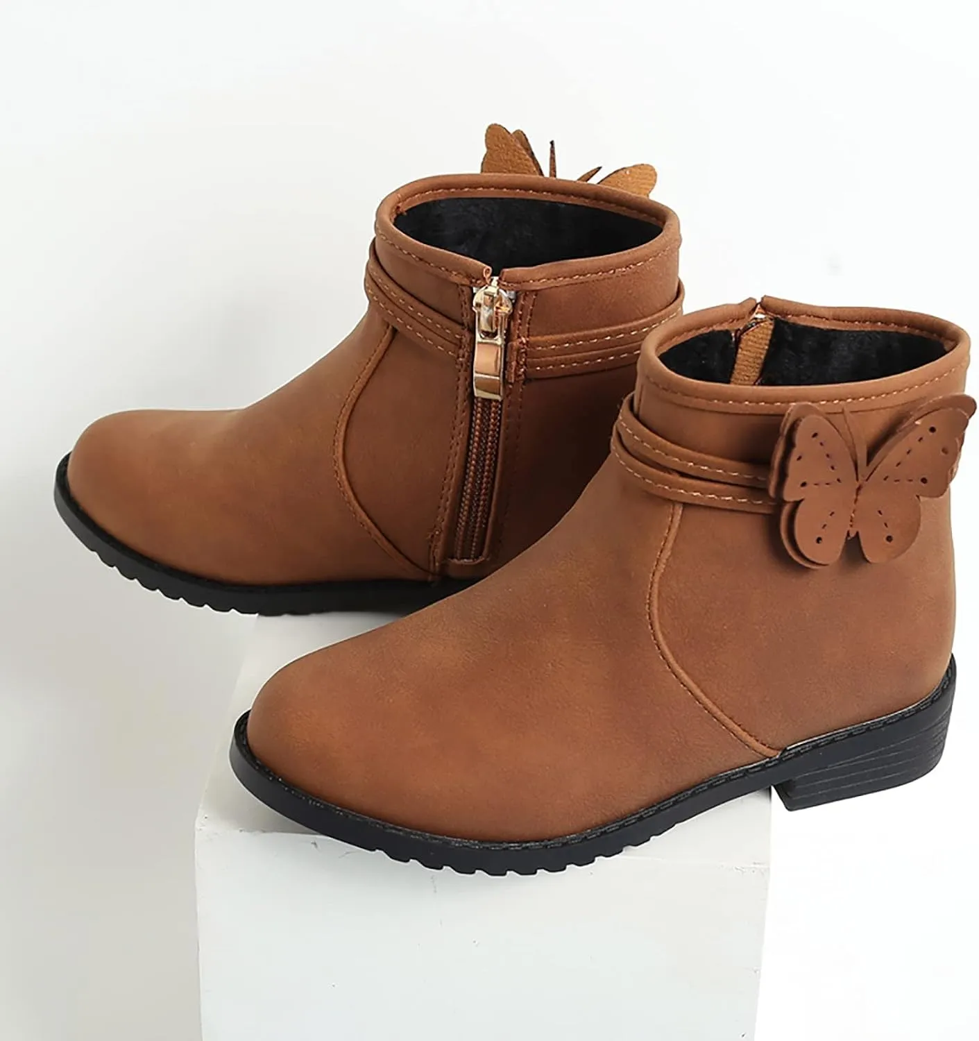 Girls Butterfly Decor Zip Side Boots Western Boots Kids Ankle Boots Girls Low Heel Riding Girls Water Proof Hiking Boots