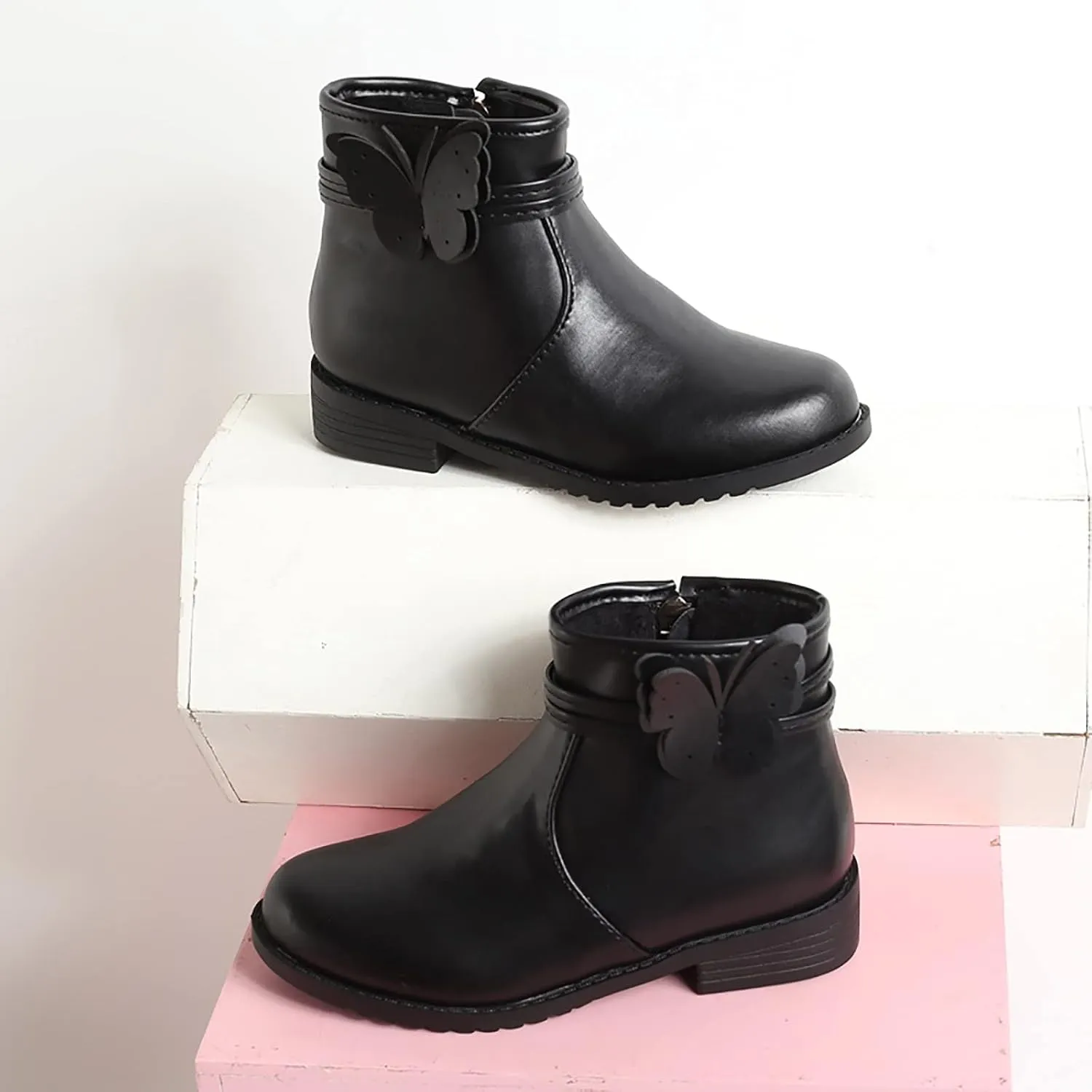 Girls Butterfly Decor Zip Side Boots Western Boots Kids Ankle Boots Girls Low Heel Riding Girls Water Proof Hiking Boots
