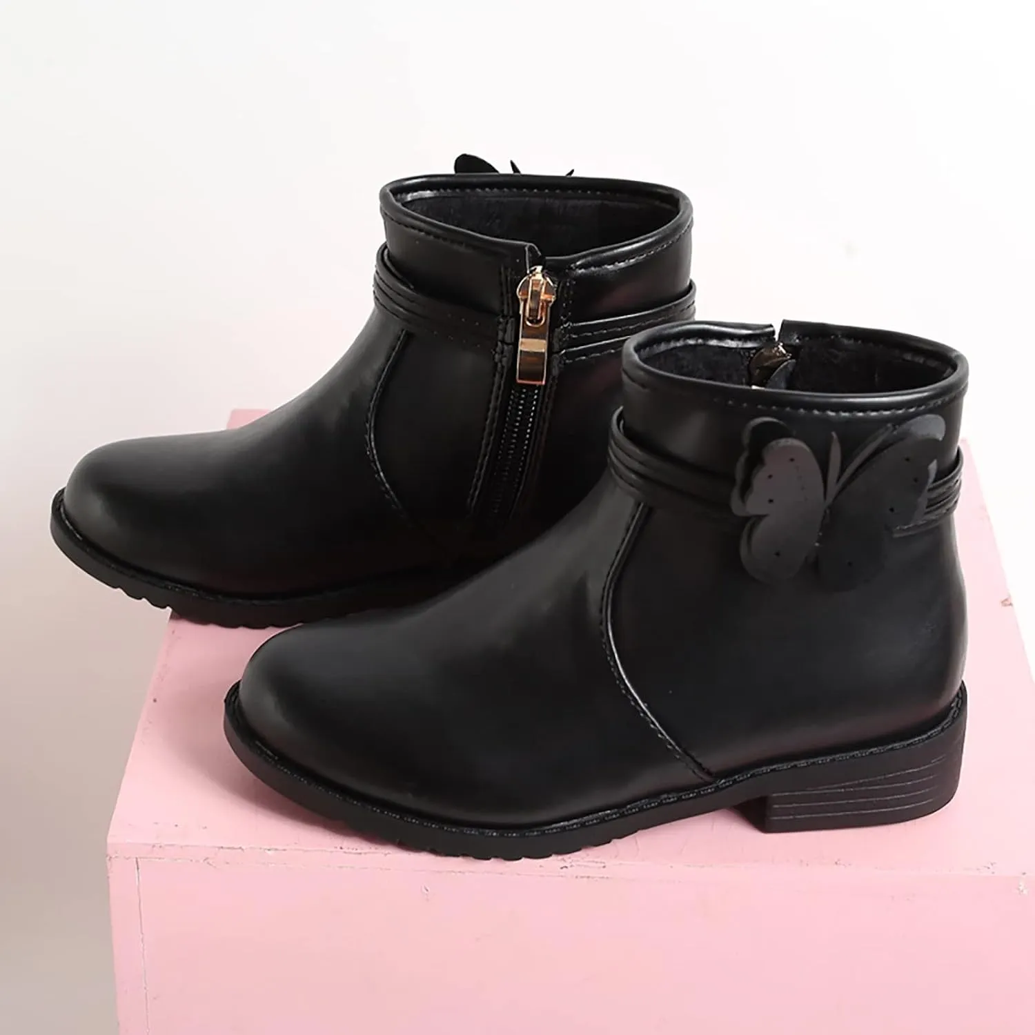 Girls Butterfly Decor Zip Side Boots Western Boots Kids Ankle Boots Girls Low Heel Riding Girls Water Proof Hiking Boots
