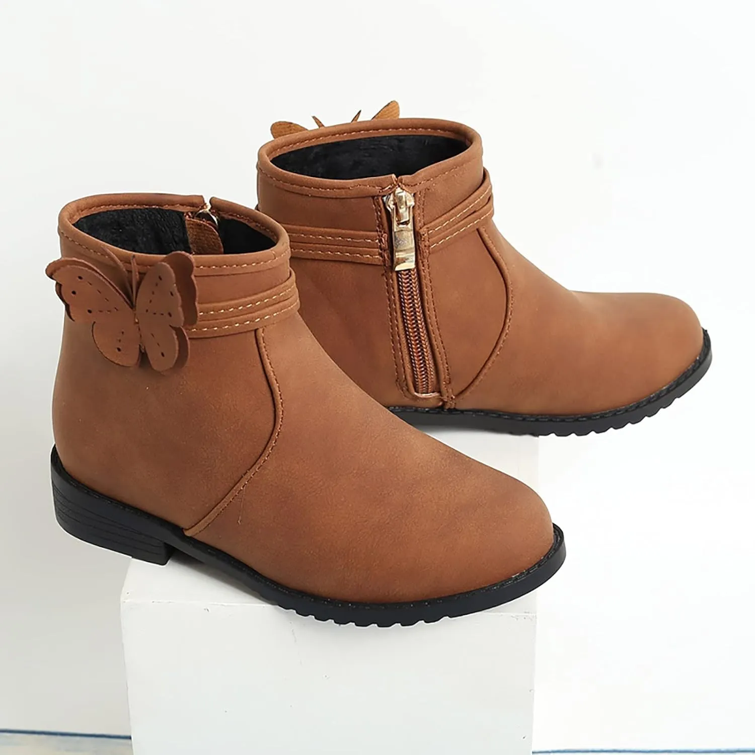 Girls Butterfly Decor Zip Side Boots Western Boots Kids Ankle Boots Girls Low Heel Riding Girls Water Proof Hiking Boots