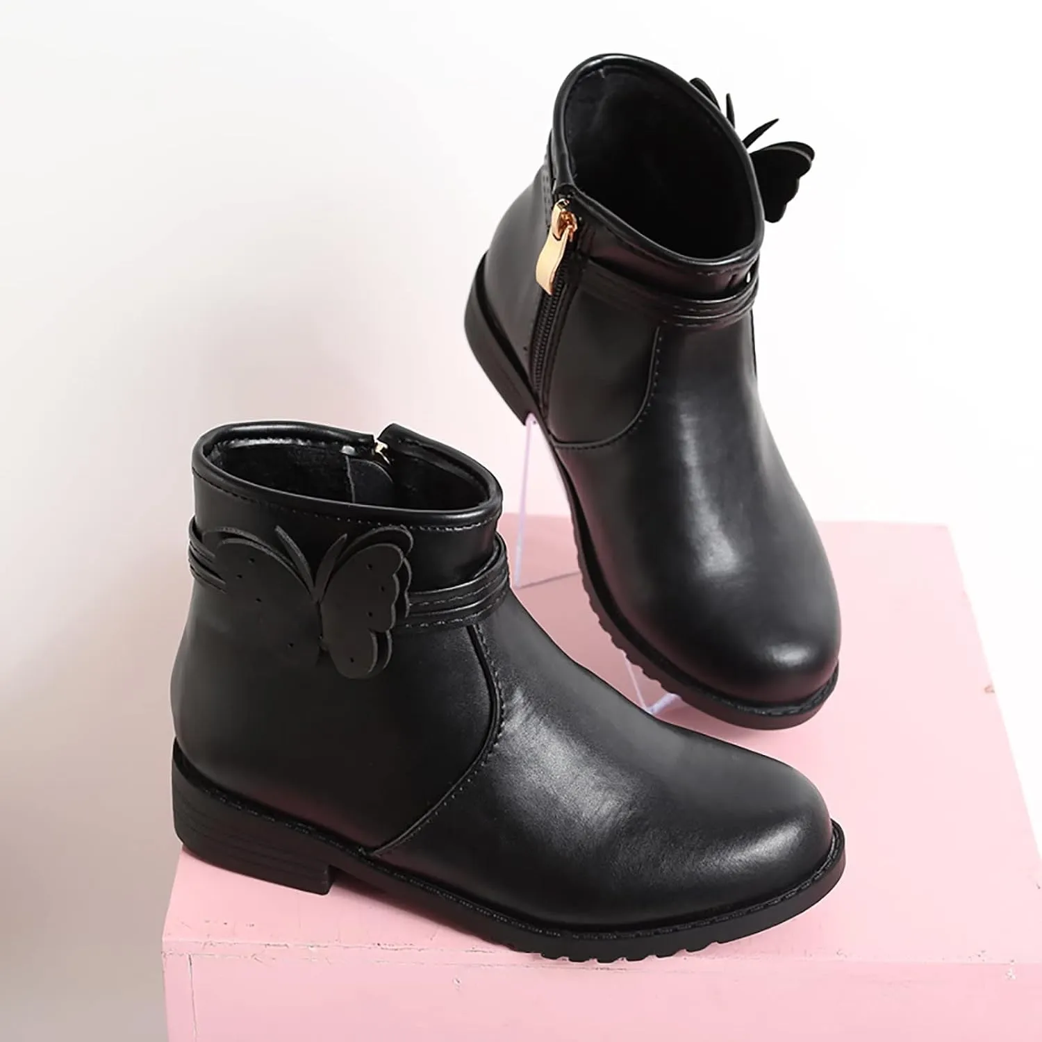 Girls Butterfly Decor Zip Side Boots Western Boots Kids Ankle Boots Girls Low Heel Riding Girls Water Proof Hiking Boots
