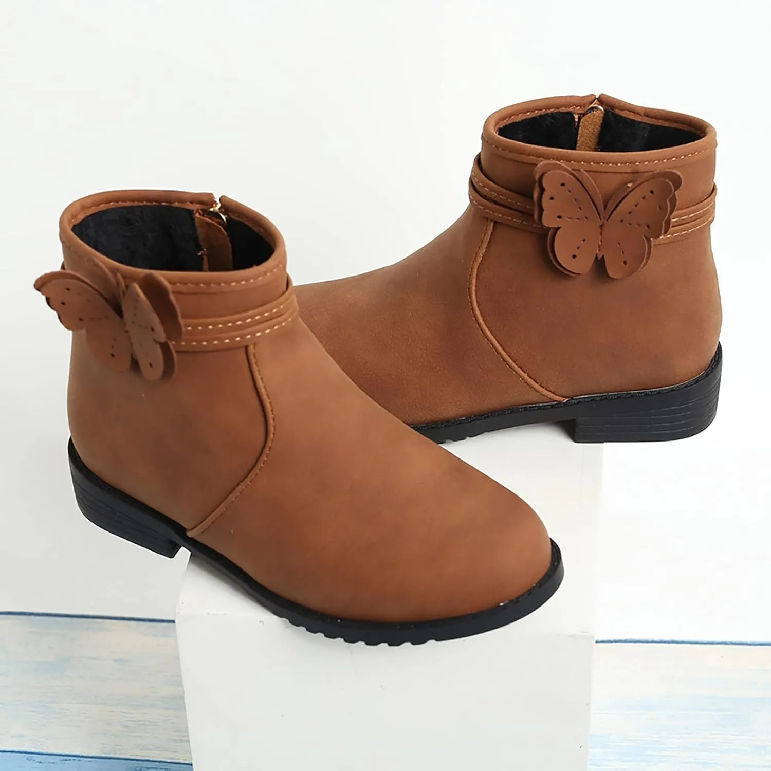 Girls Butterfly Decor Zip Side Boots Western Boots Kids Ankle Boots Girls Low Heel Riding Girls Water Proof Hiking Boots