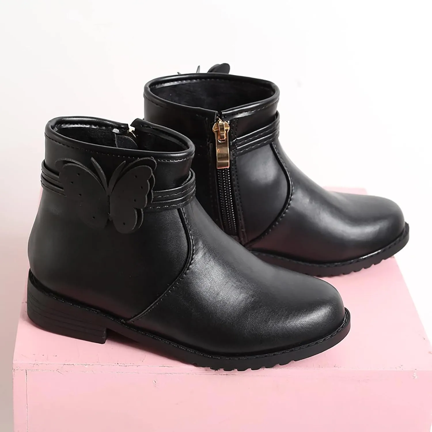 Girls Butterfly Decor Zip Side Boots Western Boots Kids Ankle Boots Girls Low Heel Riding Girls Water Proof Hiking Boots