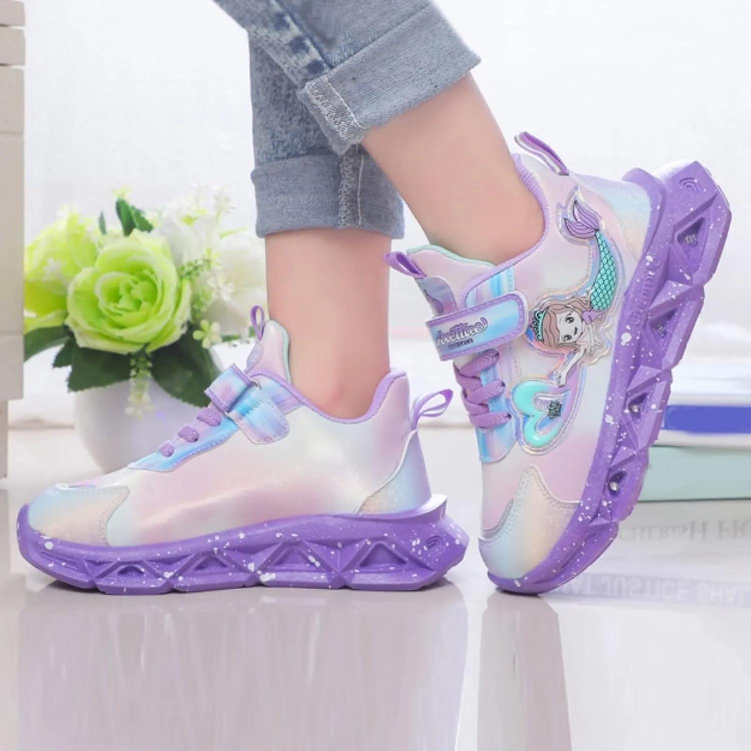 Girls’ Princess Shoes Slip On Light Up Shoes Mermai𝐝 Shoes Breathable Mesh Sneakers Lightweight Girls Sneakers