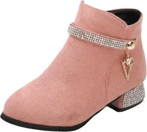 Girls Winter Boots Fashion Short Suede Booties with Low Heels Glitter Side Zipper for Kids Suede Ankle Booties