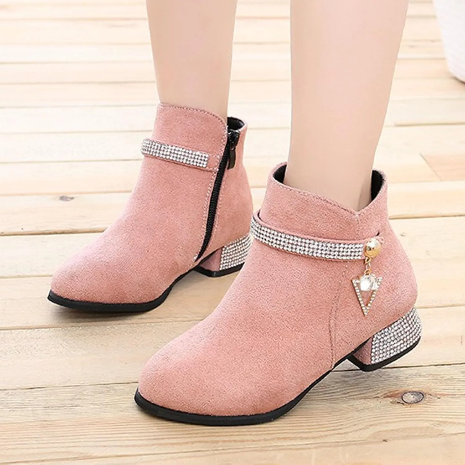 Girls Winter Boots Fashion Short Suede Booties with Low Heels Glitter Side Zipper for Kids Suede Ankle Booties