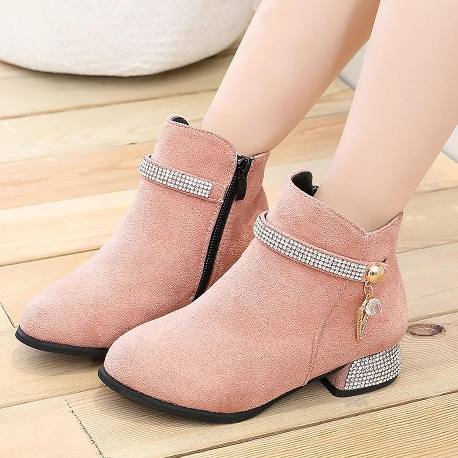 Girls Winter Boots Fashion Short Suede Booties with Low Heels Glitter Side Zipper for Kids Suede Ankle Booties