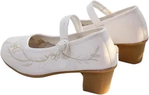 JYHBHMZG 4Cm Block Heels Women Cotton Embroidered Shoes Elegant Soft Comfortable Retro Costume Pumps White Beige