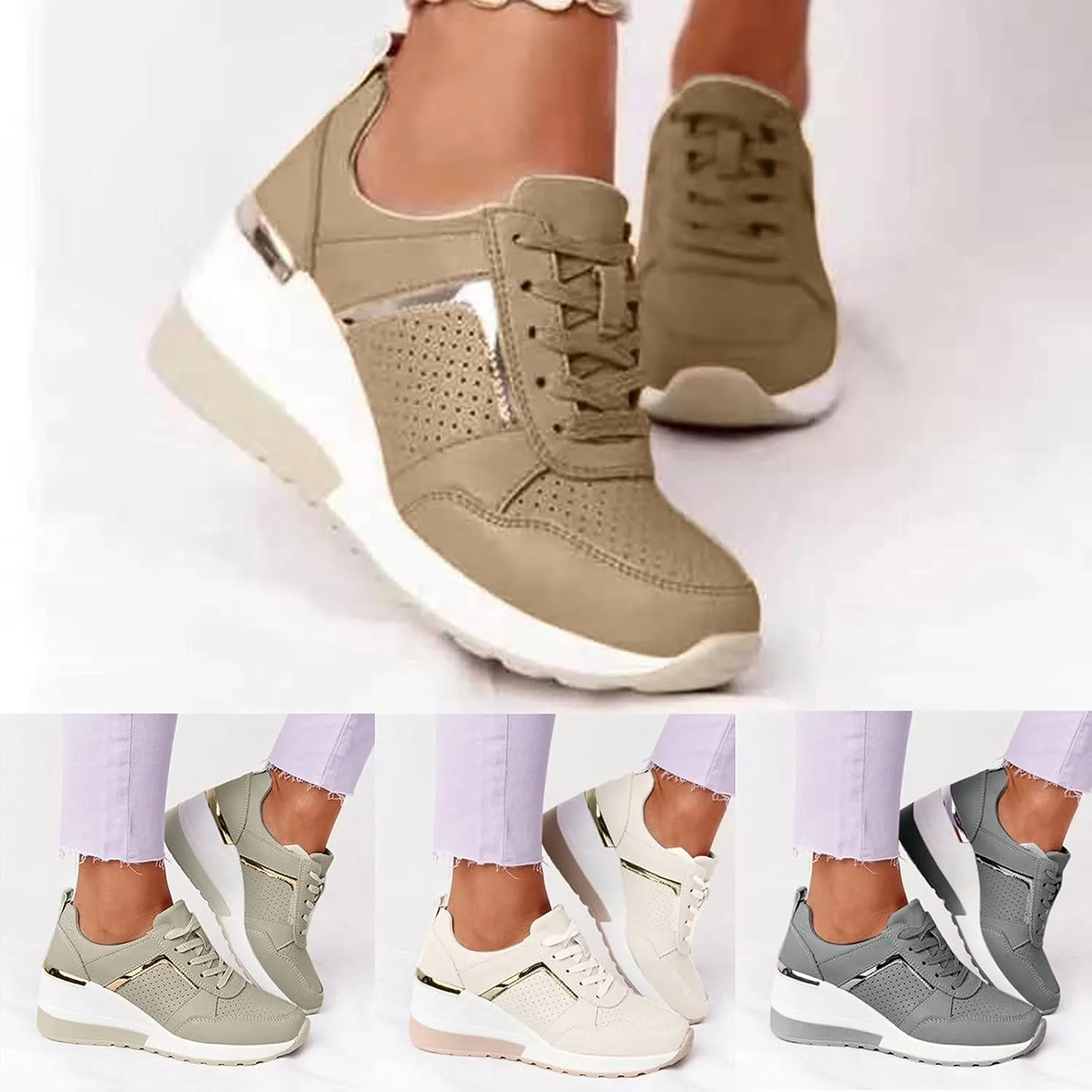 Kamendita Women's Fashion Sneakers, Women Lace-up Wedge Slip-Ons Canvas Shoes Loafers Shoes Casual Athletic Walking Shoes