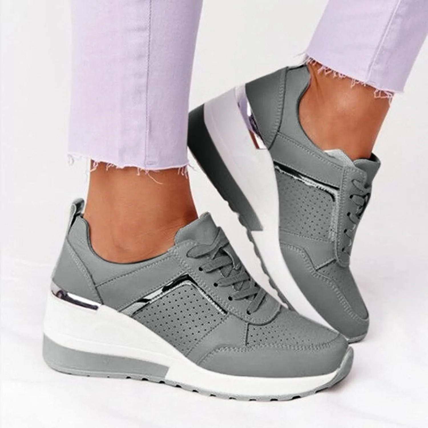 Kamendita Women's Fashion Sneakers, Women Lace-up Wedge Slip-Ons Canvas Shoes Loafers Shoes Casual Athletic Walking Shoes