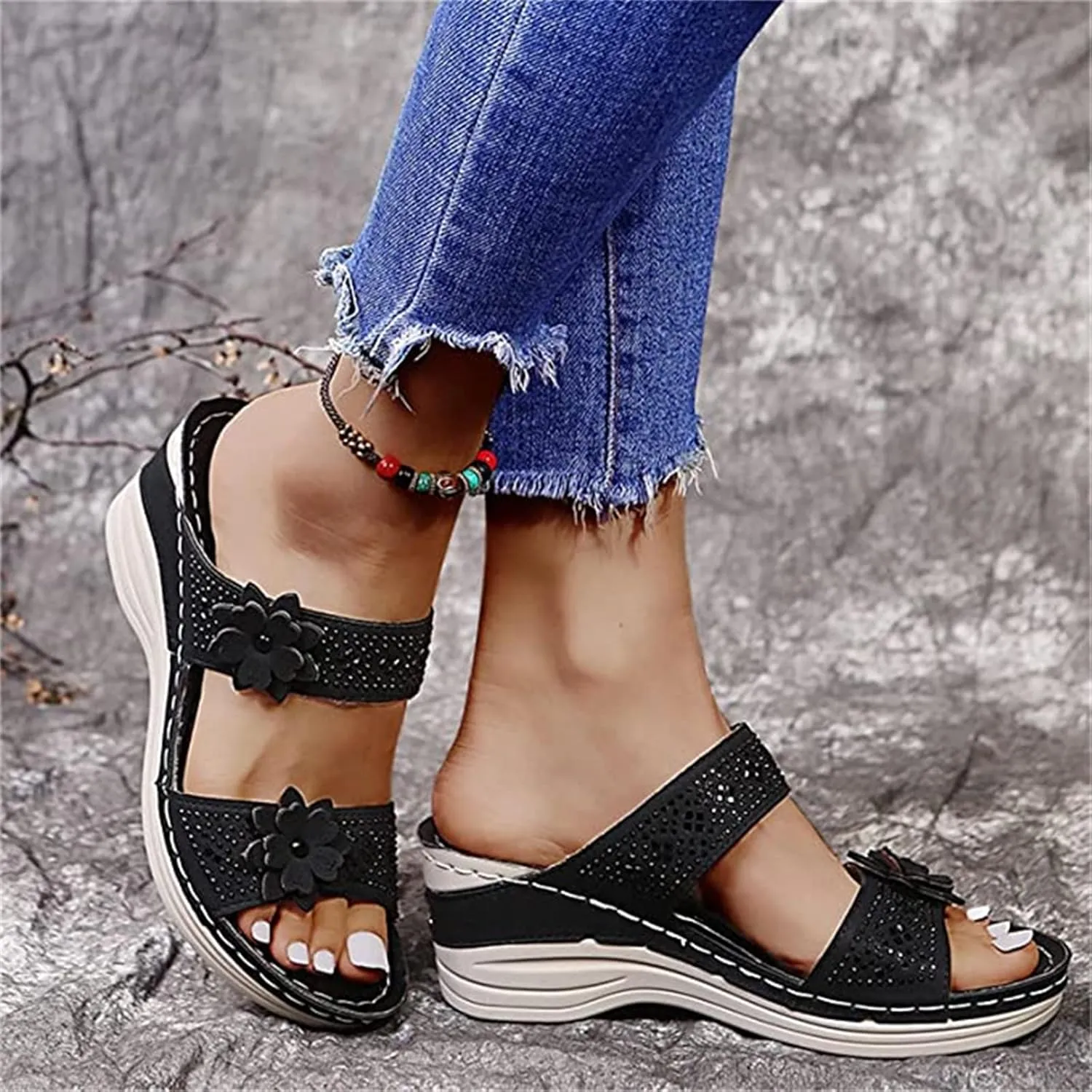 Ladmiple Sandals Women Comfortable Flower Orthopedic Flip Flops Arch Support Wedge Slippers Casual Roman Slip On Sandal