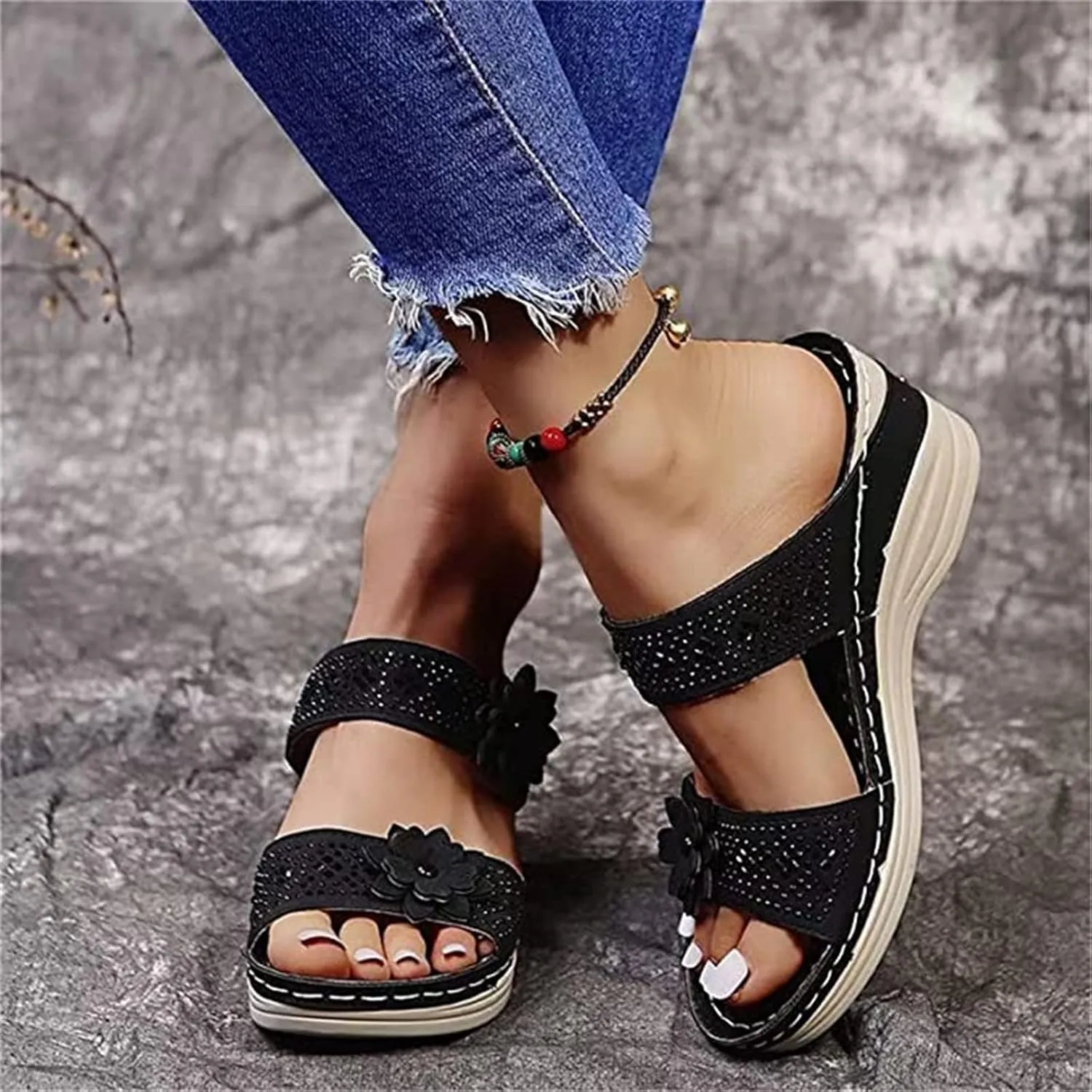 Ladmiple Sandals Women Comfortable Flower Orthopedic Flip Flops Arch Support Wedge Slippers Casual Roman Slip On Sandal