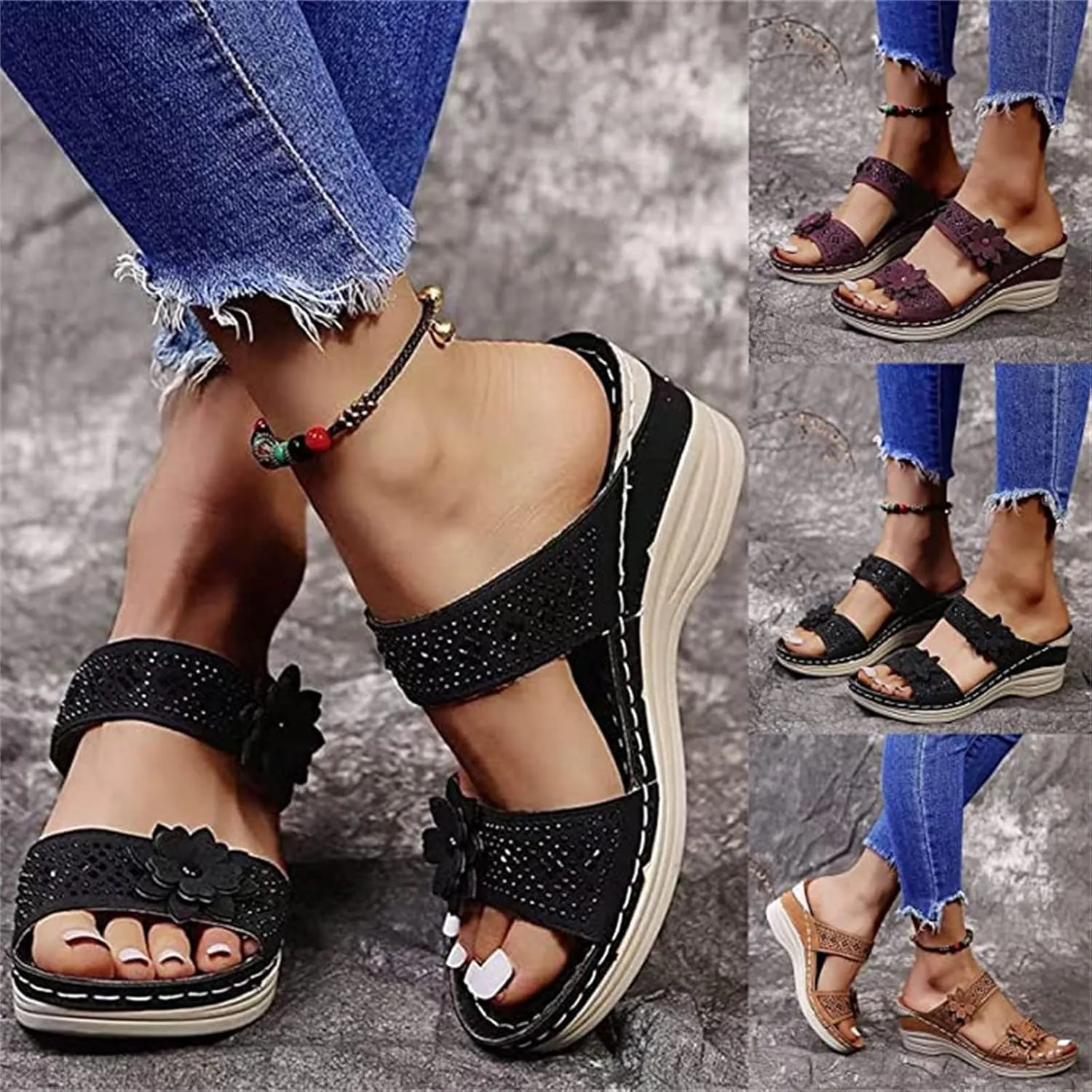 Ladmiple Sandals Women Comfortable Flower Orthopedic Flip Flops Arch Support Wedge Slippers Casual Roman Slip On Sandal