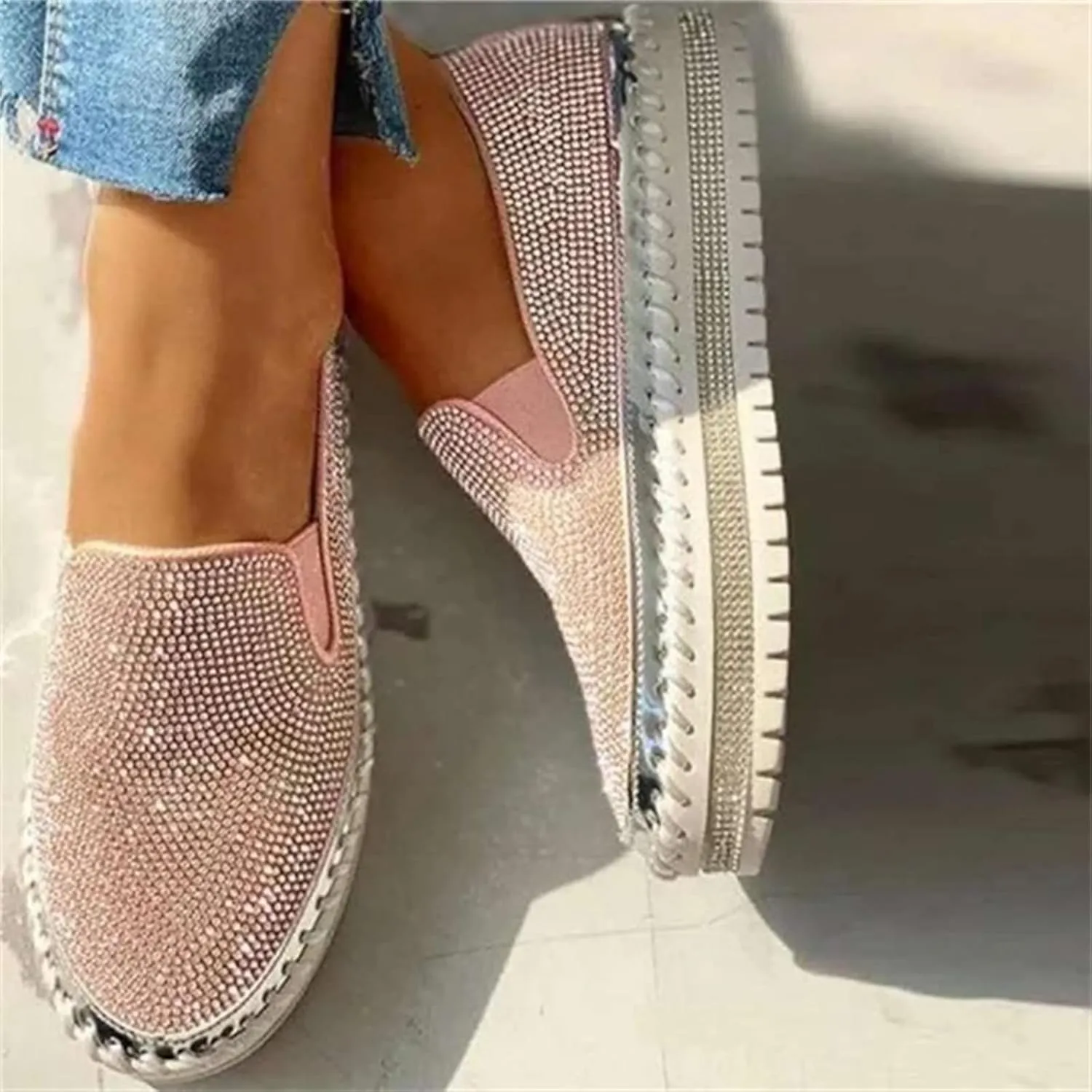Lausiuoe Glitter Sneakers For Women Wide Width Casual Sparkly rhinestone Shoes Fashion Slip On Soft Walking Flat Loafers