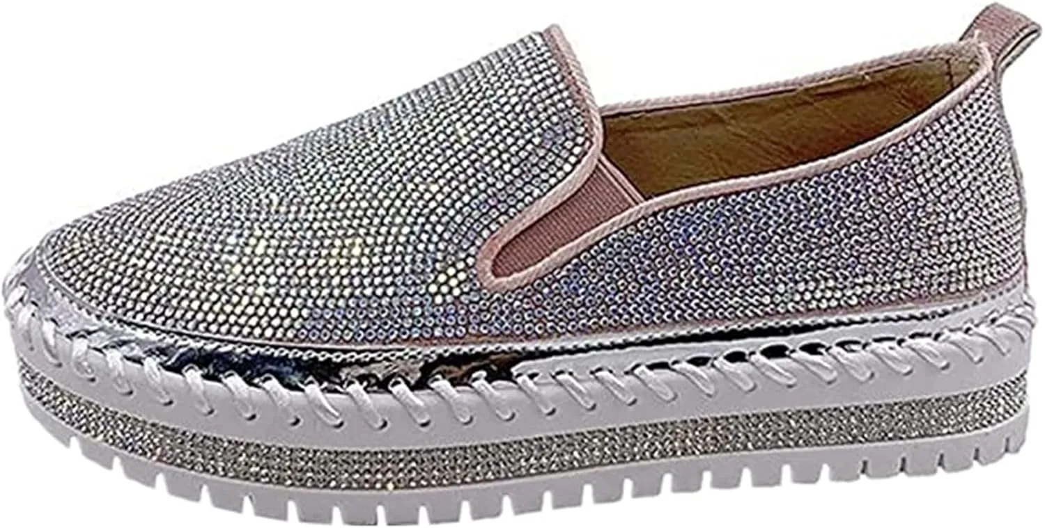 Lausiuoe Glitter Sneakers For Women Wide Width Casual Sparkly rhinestone Shoes Fashion Slip On Soft Walking Flat Loafers