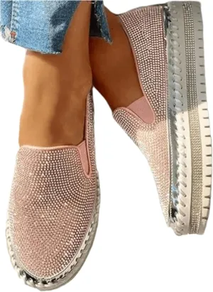 Lausiuoe Glitter Sneakers For Women Wide Width Casual Sparkly rhinestone Shoes Fashion Slip On Soft Walking Flat Loafers