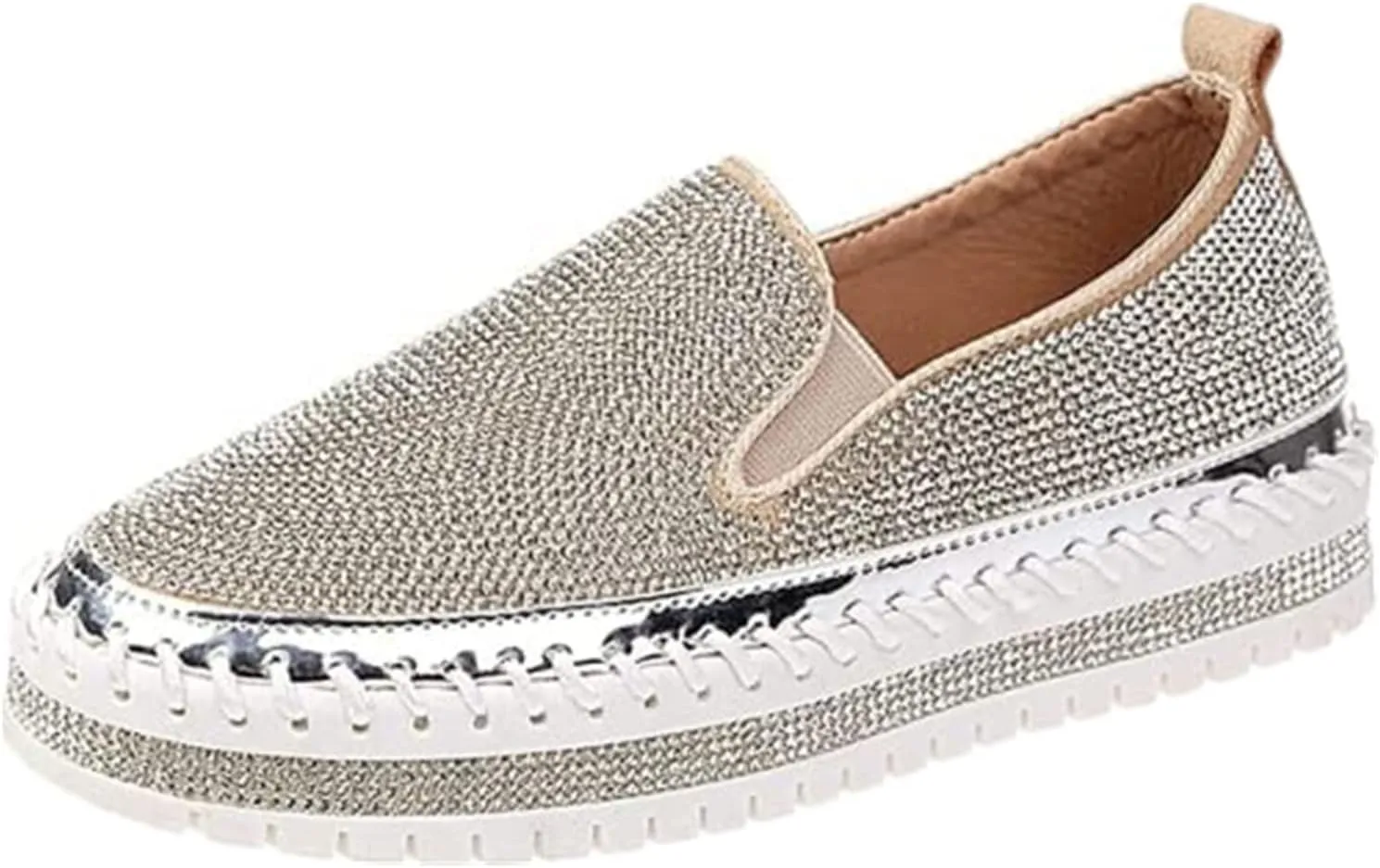 Lausiuoe Glitter Sneakers For Women Wide Width Comfortable Sparkly Rhinestone Walking Shoes Soft Slip On Flat Loafers