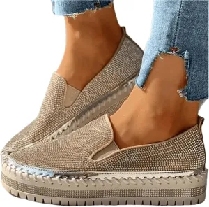 Lausiuoe Glitter Sneakers For Women Wide Width Comfortable Sparkly Rhinestone Walking Shoes Soft Slip On Flat Loafers