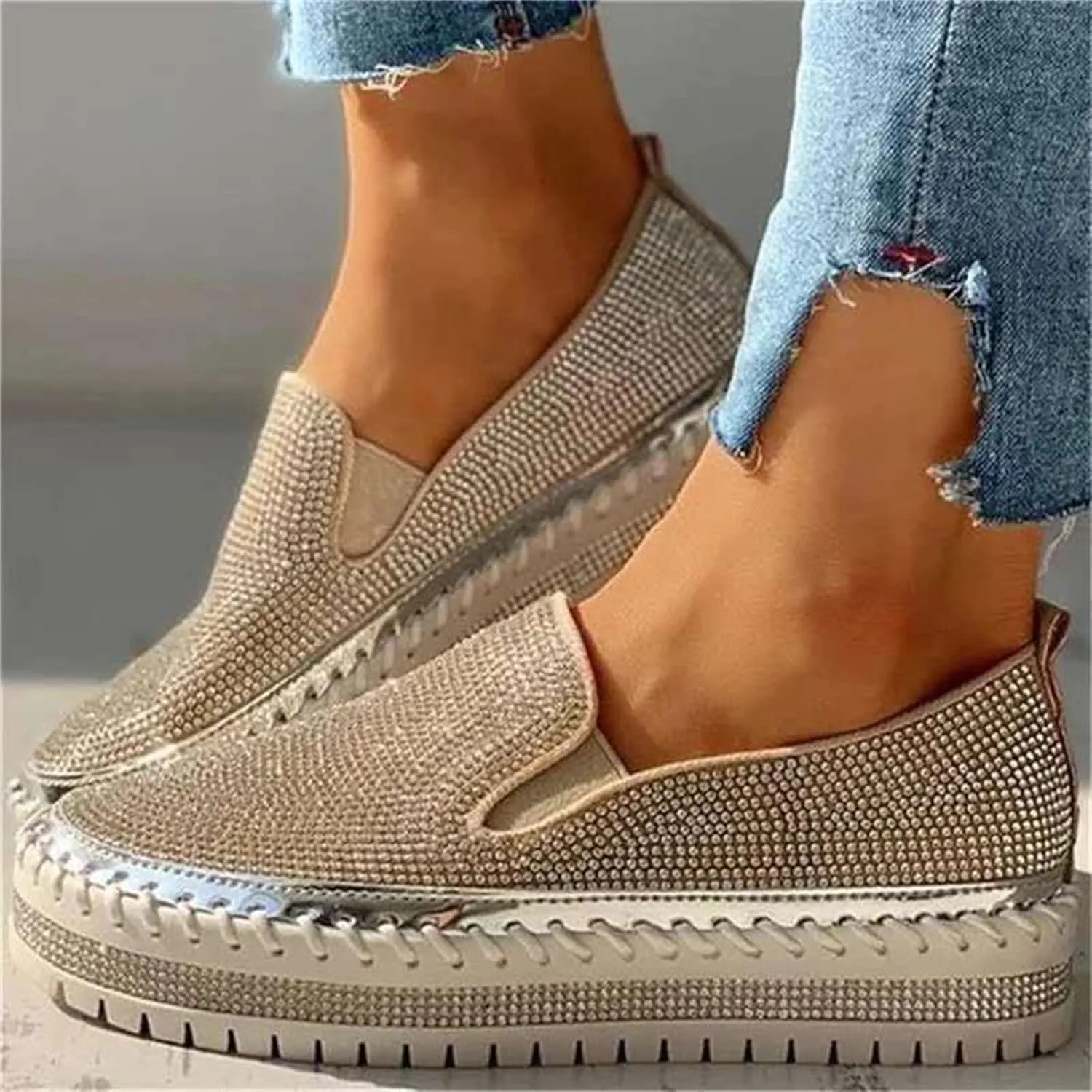 Lausiuoe Glitter Sneakers For Women Wide Width Comfortable Sparkly Rhinestone Walking Shoes Soft Slip On Flat Loafers