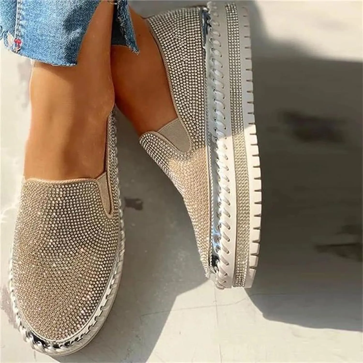 Lausiuoe Glitter Sneakers For Women Wide Width Comfortable Sparkly Rhinestone Walking Shoes Soft Slip On Flat Loafers