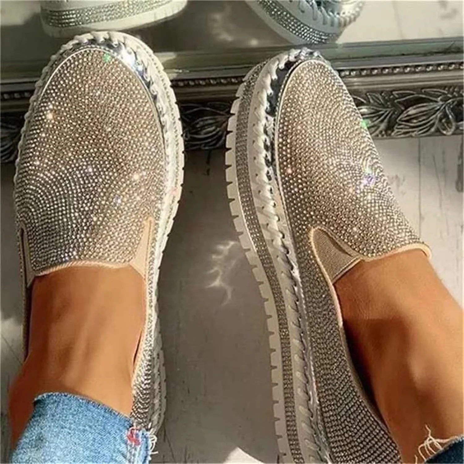 Lausiuoe Glitter Sneakers For Women Wide Width Comfortable Sparkly Rhinestone Walking Shoes Soft Slip On Flat Loafers