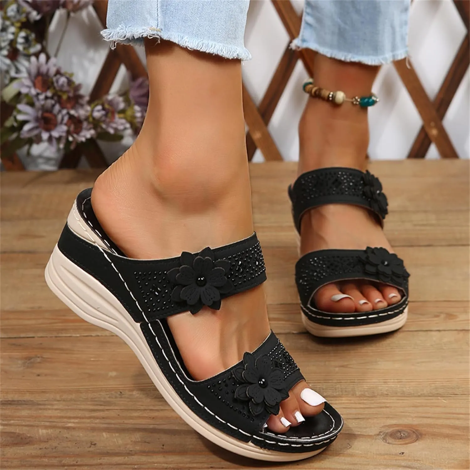 Lausiuoe Sandals Women Dressy Summer Flat Arch Support Fashion Orthotic Slides Athletic Slip On Orthopedic Slippers Flip Flop