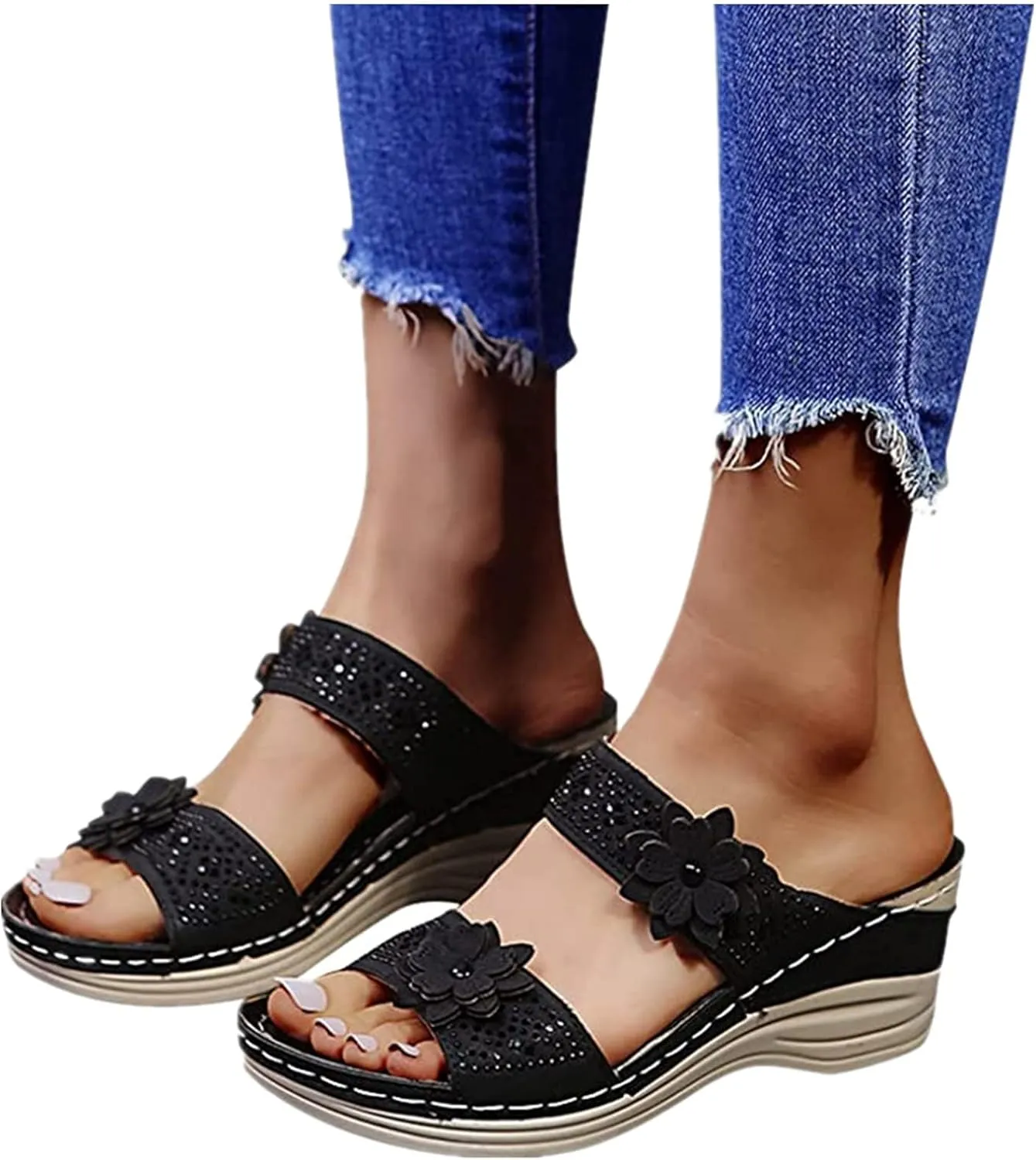 Lausiuoe Sandals Women Dressy Summer Flat Arch Support Fashion Orthotic Slides Athletic Slip On Orthopedic Slippers Flip Flop
