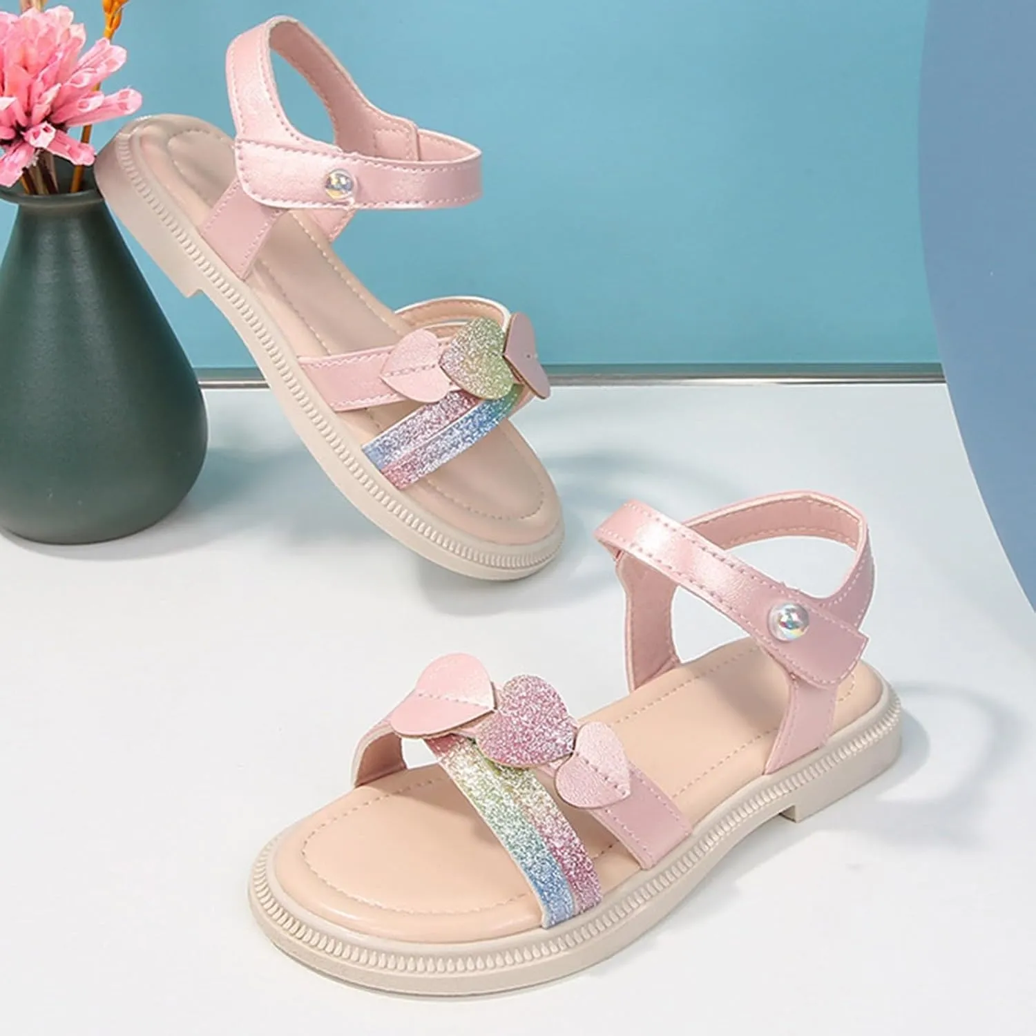Leather Shoes Sandals for Girls Girls Cute Heart Sandals Open Toe Summer Dress Shoes
