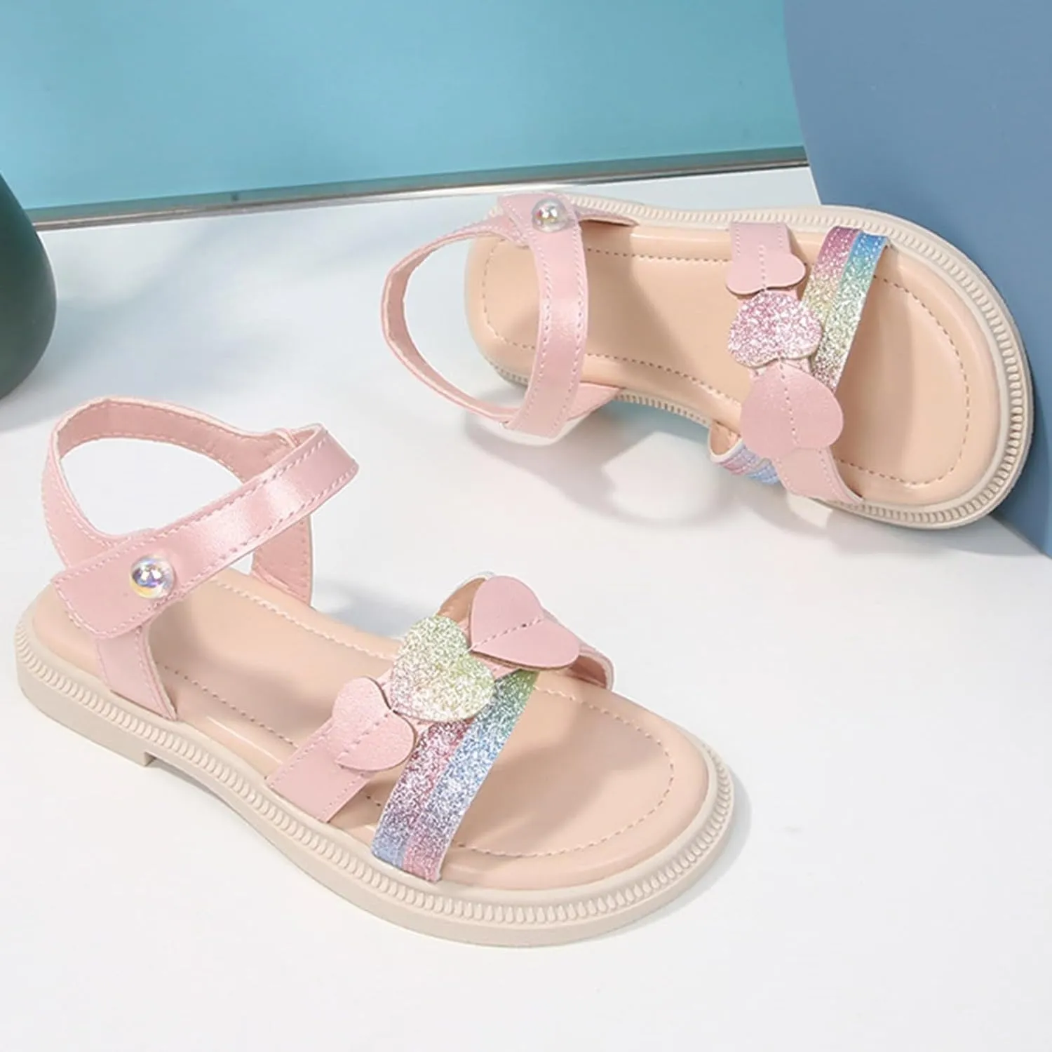 Leather Shoes Sandals for Girls Girls Cute Heart Sandals Open Toe Summer Dress Shoes