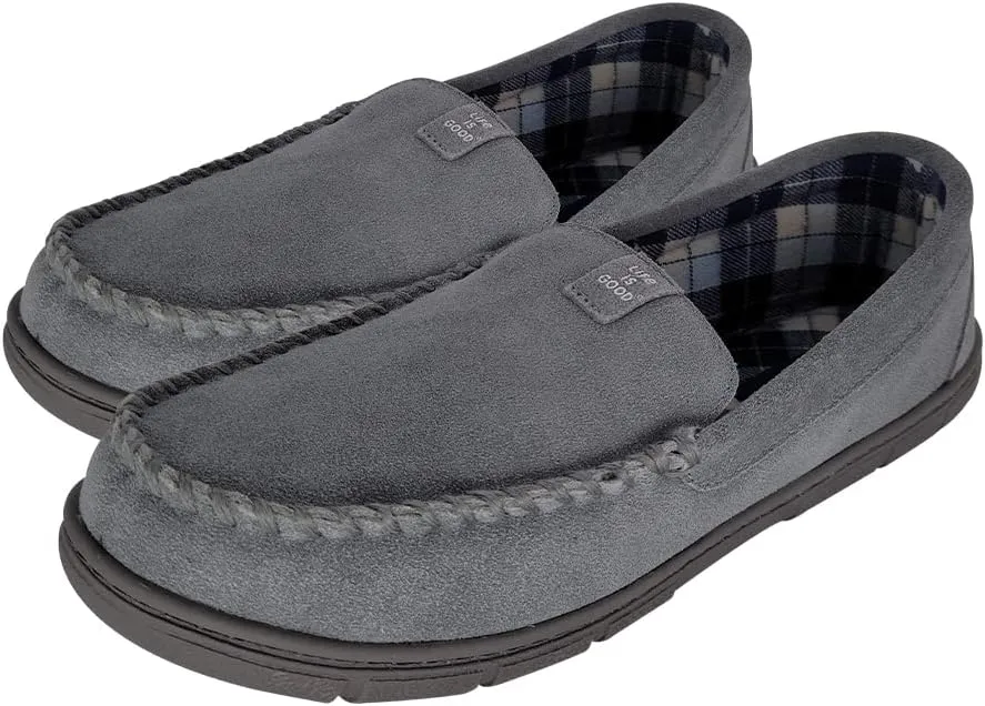 Life is Good Men's Plain Toe Moccasin House Shoes, 302792M - Suede Close Back Indoor/Outdoor Slip-Ons - Comfy & Durable Loafers with Cushioned Footbed & TPR Outsoles