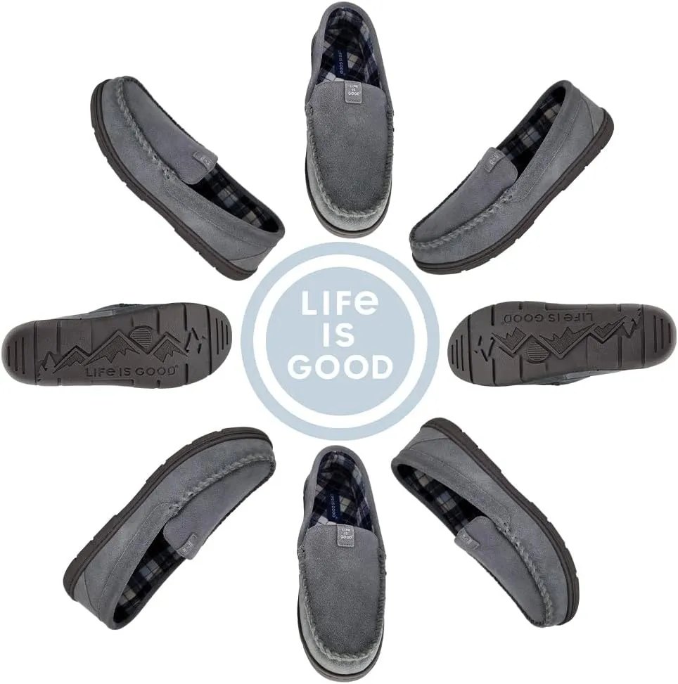 Life is Good Men's Plain Toe Moccasin House Shoes, 302792M - Suede Close Back Indoor/Outdoor Slip-Ons - Comfy & Durable Loafers with Cushioned Footbed & TPR Outsoles