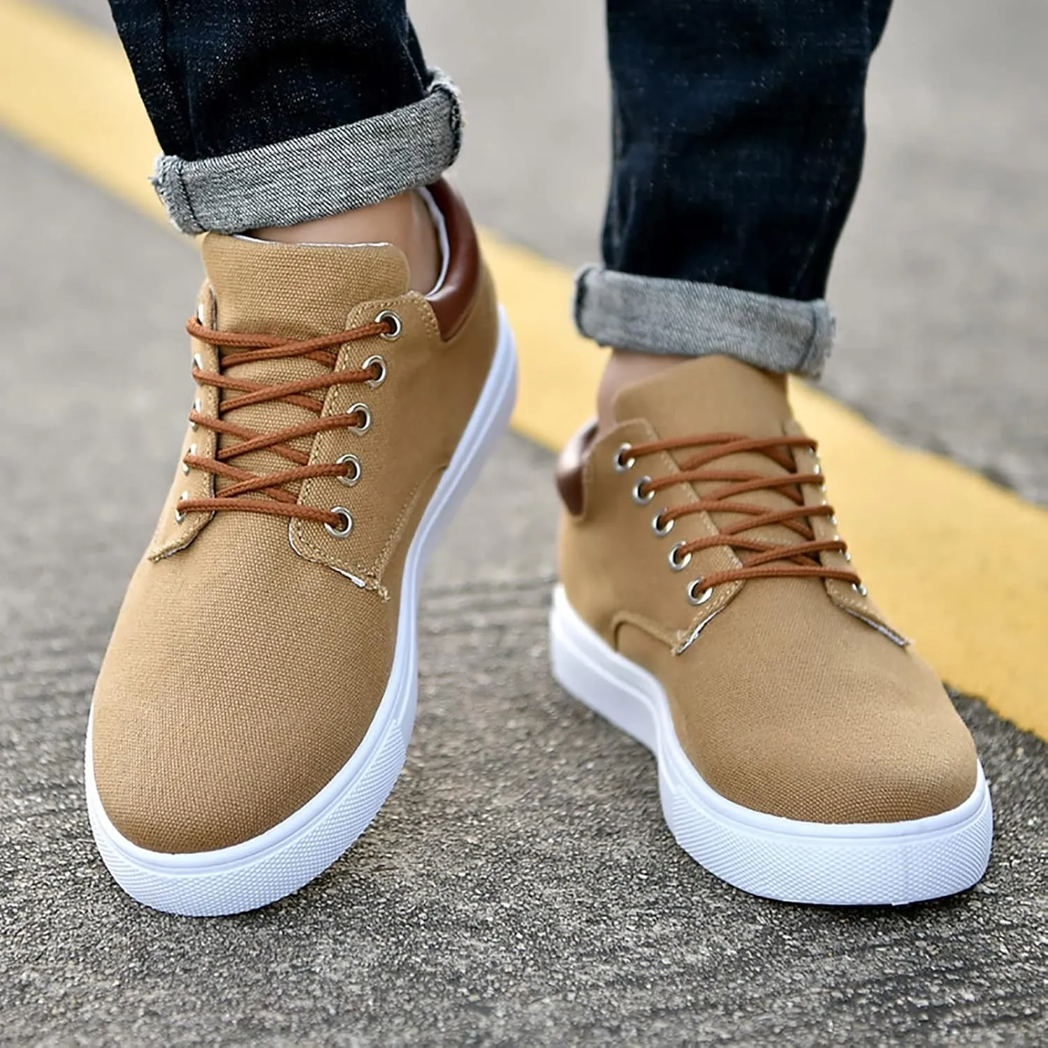 Men Low Top Canvas Walking Shoes Lace-Up Fashion Casual Sneakers Wide Width Breathable Sport Shoes Slip On Platform Sneakers