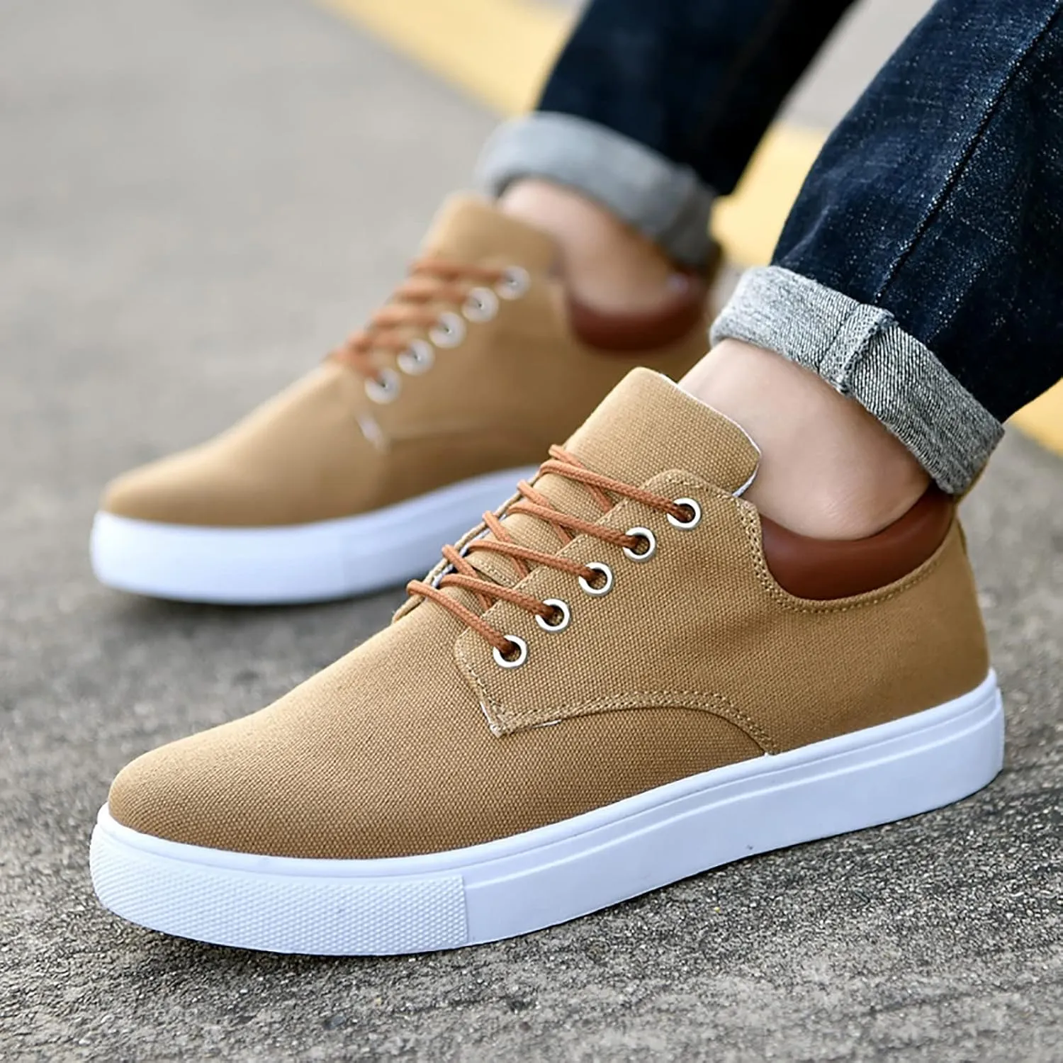 Men Low Top Canvas Walking Shoes Lace-Up Fashion Casual Sneakers Wide Width Breathable Sport Shoes Slip On Platform Sneakers