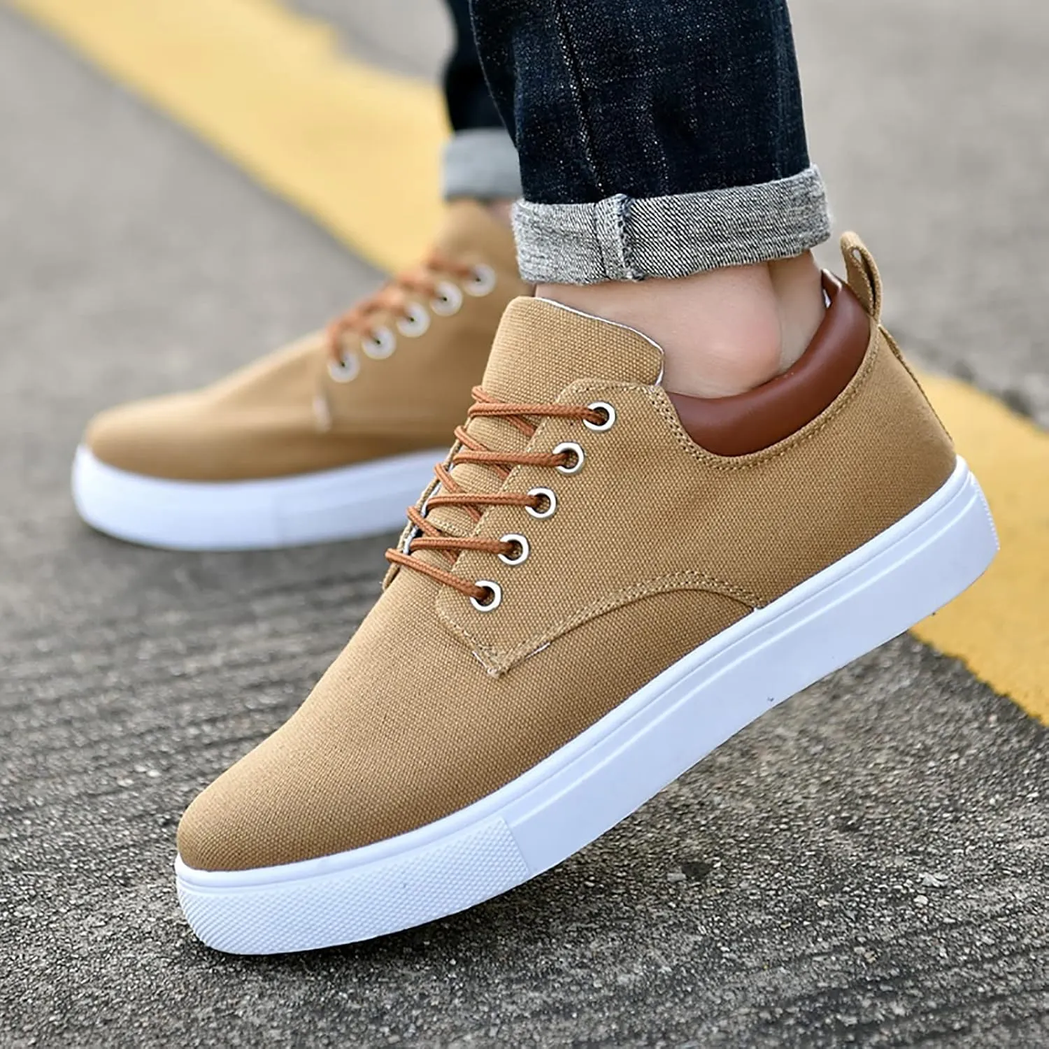 Men Low Top Canvas Walking Shoes Lace-Up Fashion Casual Sneakers Wide Width Breathable Sport Shoes Slip On Platform Sneakers