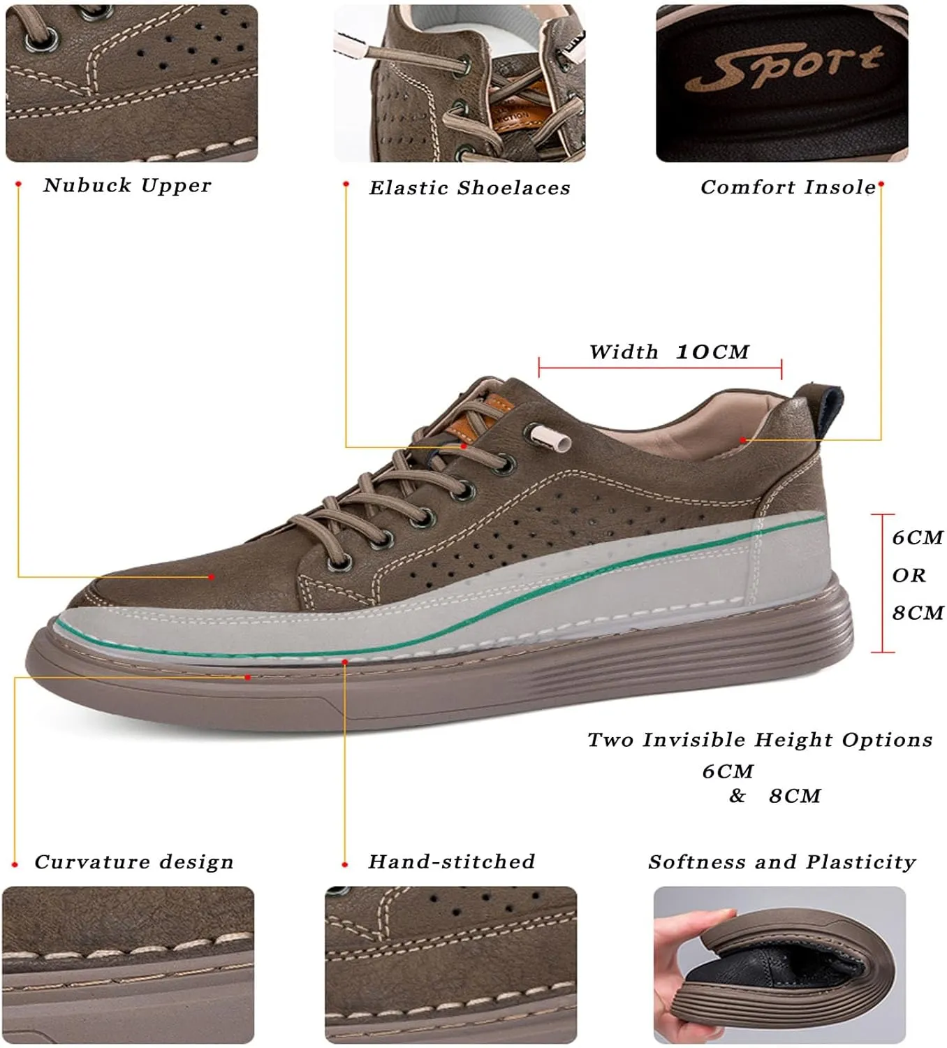 Mens Fashion Sneakers Elevator Shoes Invisible Height Increasing Sneakers-Extra 2.36 Inches Fashion Dress Oxford All-Weather