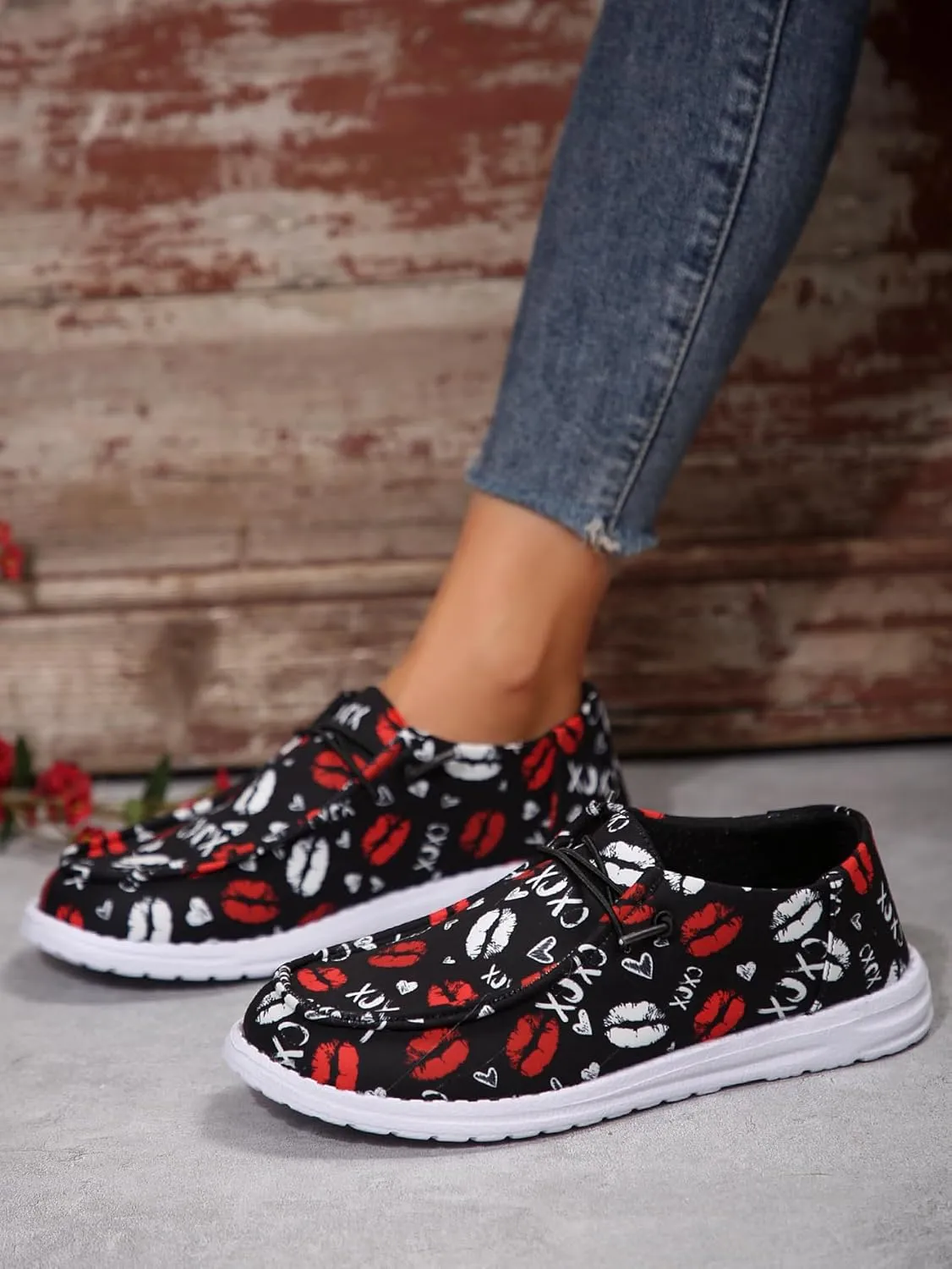 Men's Playful Casual Shoes with Lip & Heart Print | Bold Red/White Kiss Design on Black | Lightweight Comfort & Slip-Resistant | Unique Fashion Statement for Daily Wear