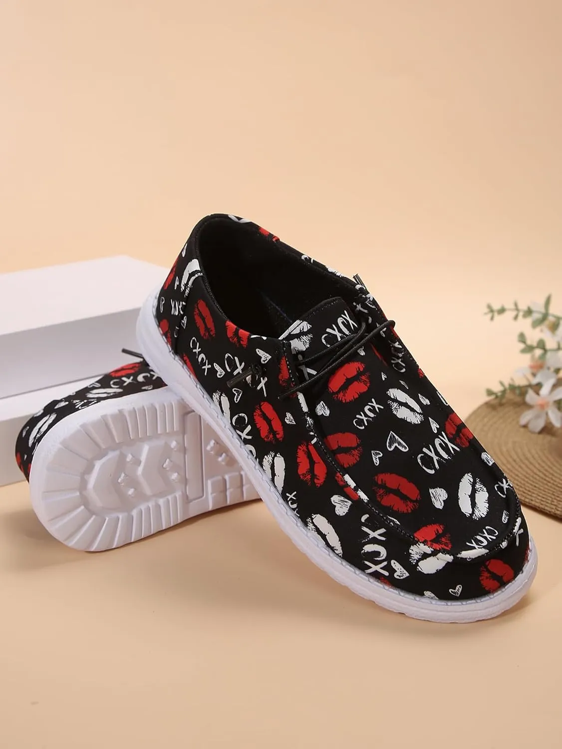 Men's Playful Casual Shoes with Lip & Heart Print | Bold Red/White Kiss Design on Black | Lightweight Comfort & Slip-Resistant | Unique Fashion Statement for Daily Wear