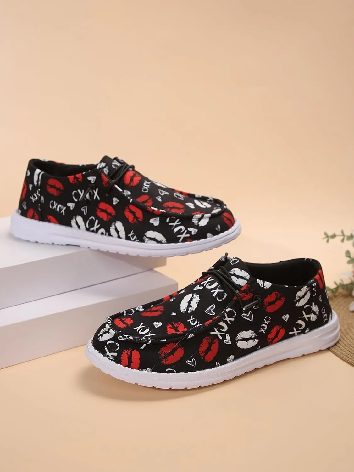 Men's Playful Casual Shoes with Lip & Heart Print | Bold Red/White Kiss Design on Black | Lightweight Comfort & Slip-Resistant | Unique Fashion Statement for Daily Wear