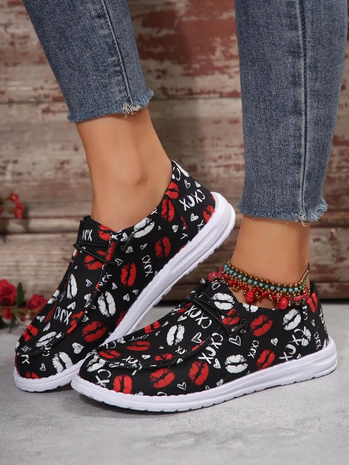 Men's Playful Casual Shoes with Lip & Heart Print | Bold Red/White Kiss Design on Black | Lightweight Comfort & Slip-Resistant | Unique Fashion Statement for Daily Wear