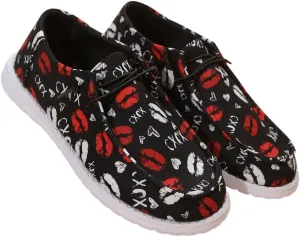 Men's Playful Casual Shoes with Lip & Heart Print | Bold Red/White Kiss Design on Black | Lightweight Comfort & Slip-Resistant | Unique Fashion Statement for Daily Wear