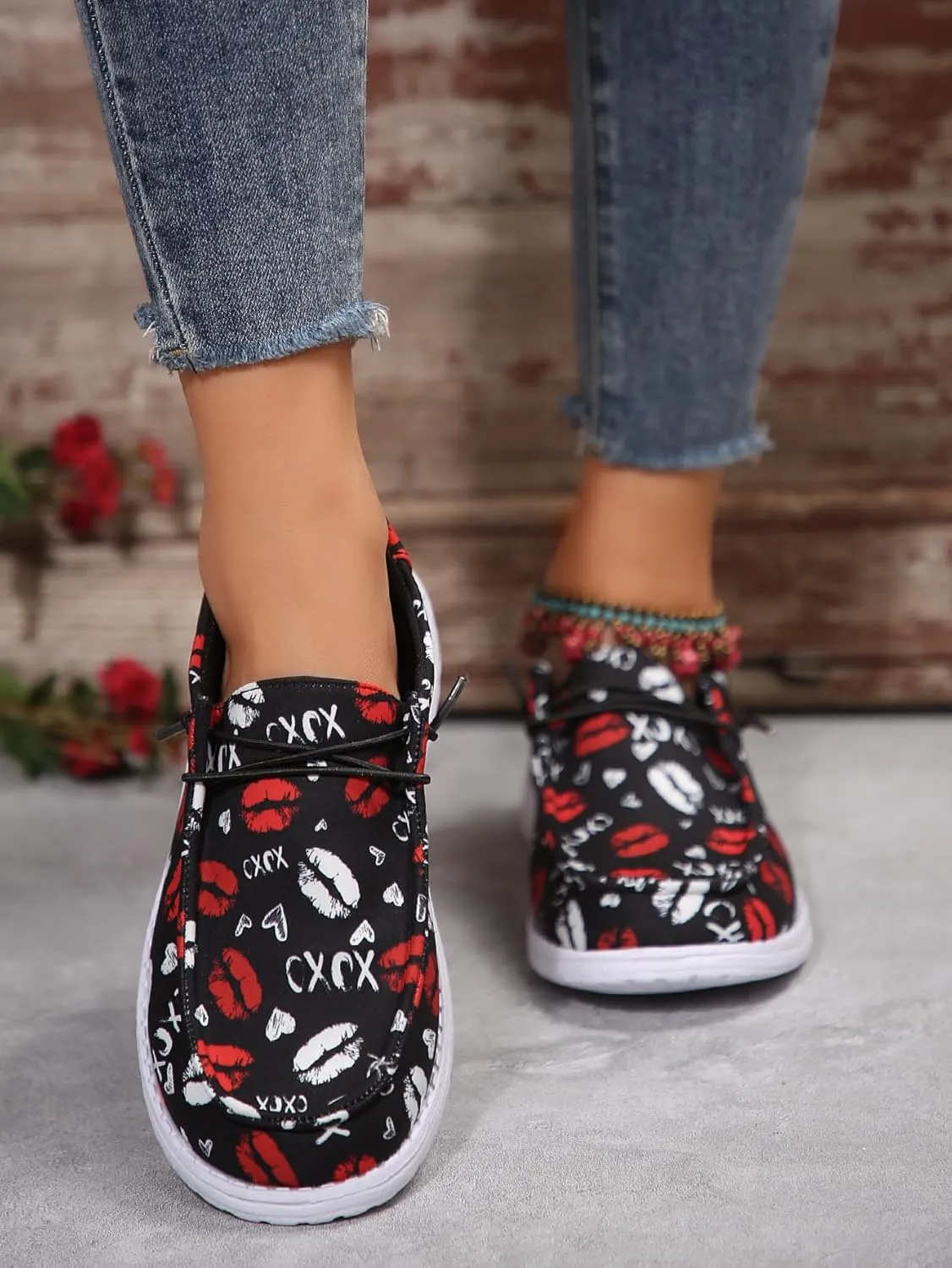 Men's Playful Casual Shoes with Lip & Heart Print | Bold Red/White Kiss Design on Black | Lightweight Comfort & Slip-Resistant | Unique Fashion Statement for Daily Wear