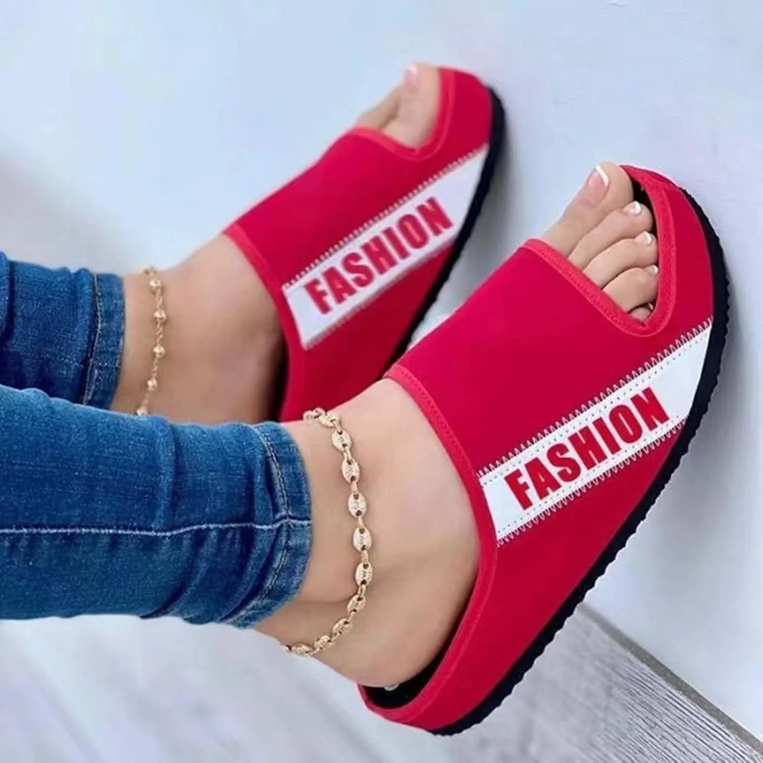 oiangi Summer Platform Slippers for Women Fashion Casual Fish Mouth Peep Toe Slip-on Slides Comfy Outdoor Letter Colorblock Ladies Non-Slip Shoes