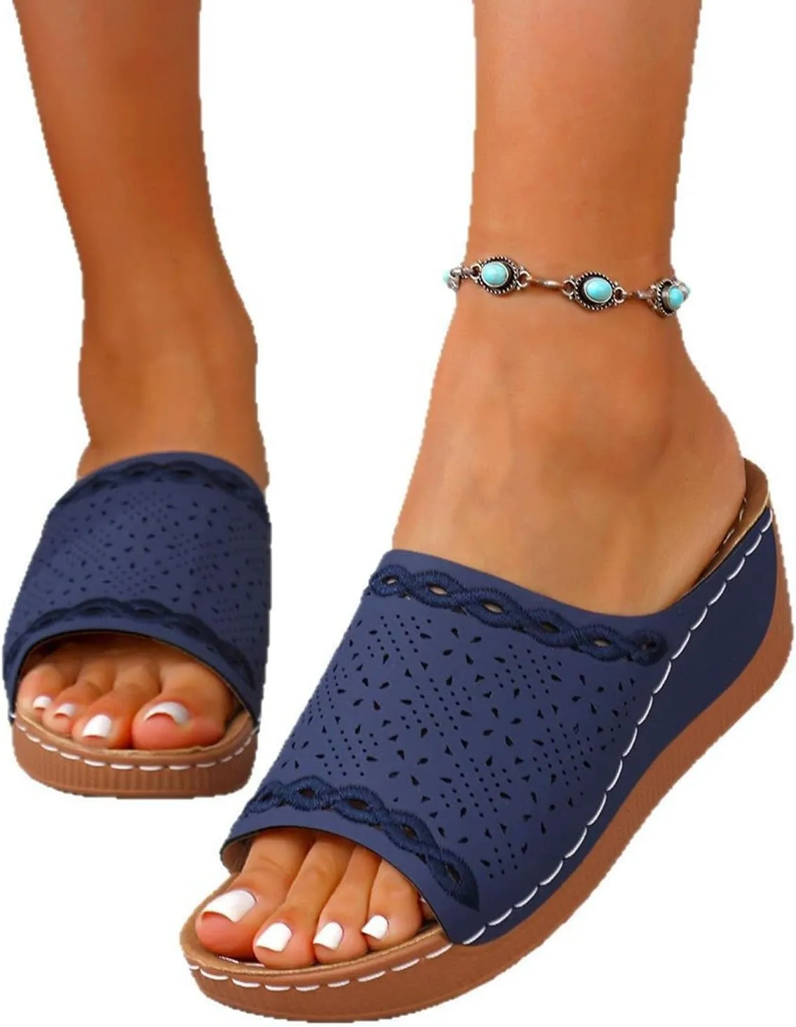 Orthopedic Sandals for Women 2025 Comfortable Arch Support Slides Womens Wedge Sandals Shoes Breathable Summer Leather Slip on Women All Day Walking Casual Sandal