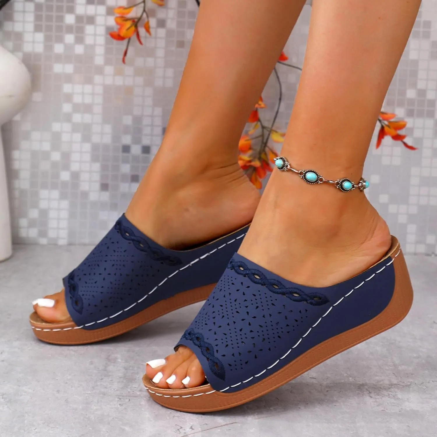 Orthopedic Sandals for Women 2025 Comfortable Arch Support Slides Womens Wedge Sandals Shoes Breathable Summer Leather Slip on Women All Day Walking Casual Sandal