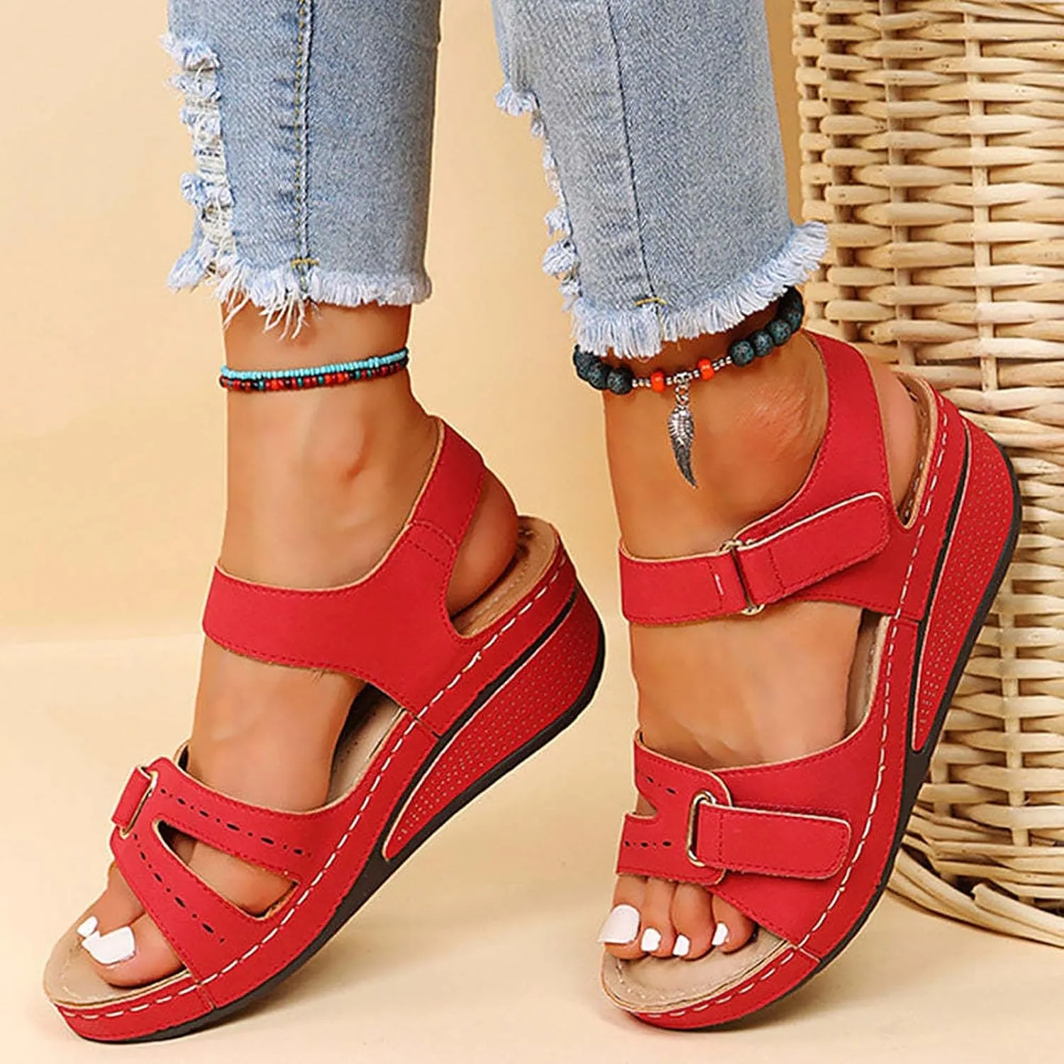 Orthopedic Sandals for Women Plantar Fasciitis Hook and Loop Flat Sandals Summer Outdoor Arch Support Massage Sandals