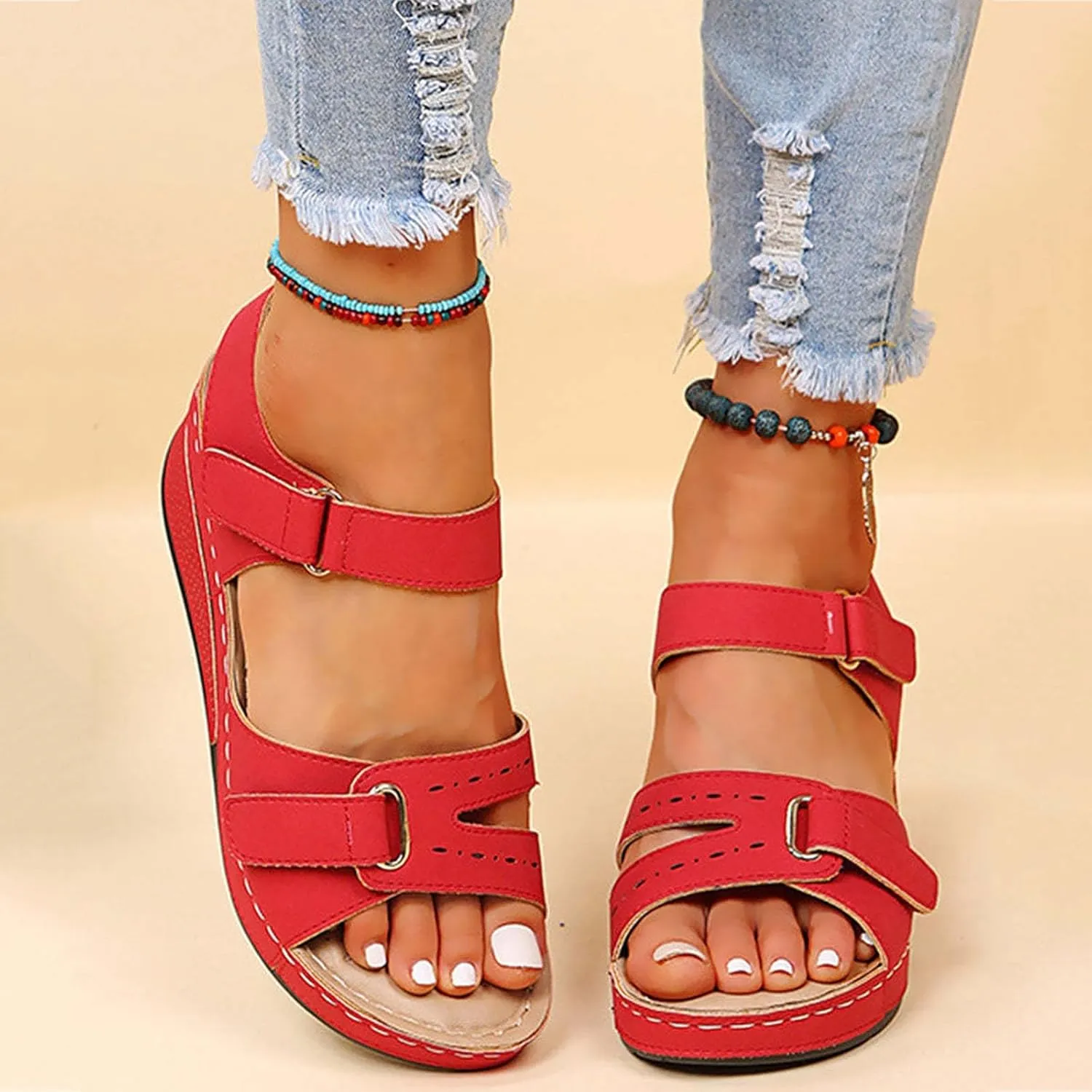 Orthopedic Sandals for Women Plantar Fasciitis Hook and Loop Flat Sandals Summer Outdoor Arch Support Massage Sandals