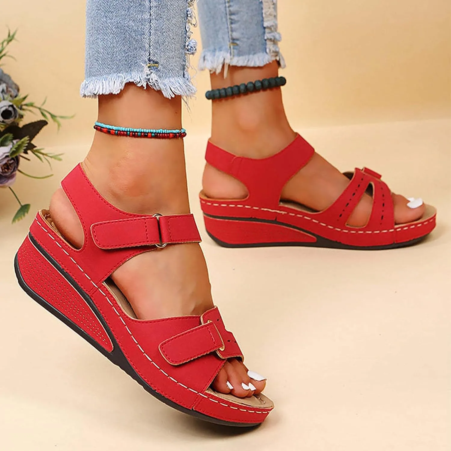 Orthopedic Sandals for Women Plantar Fasciitis Hook and Loop Flat Sandals Summer Outdoor Arch Support Massage Sandals