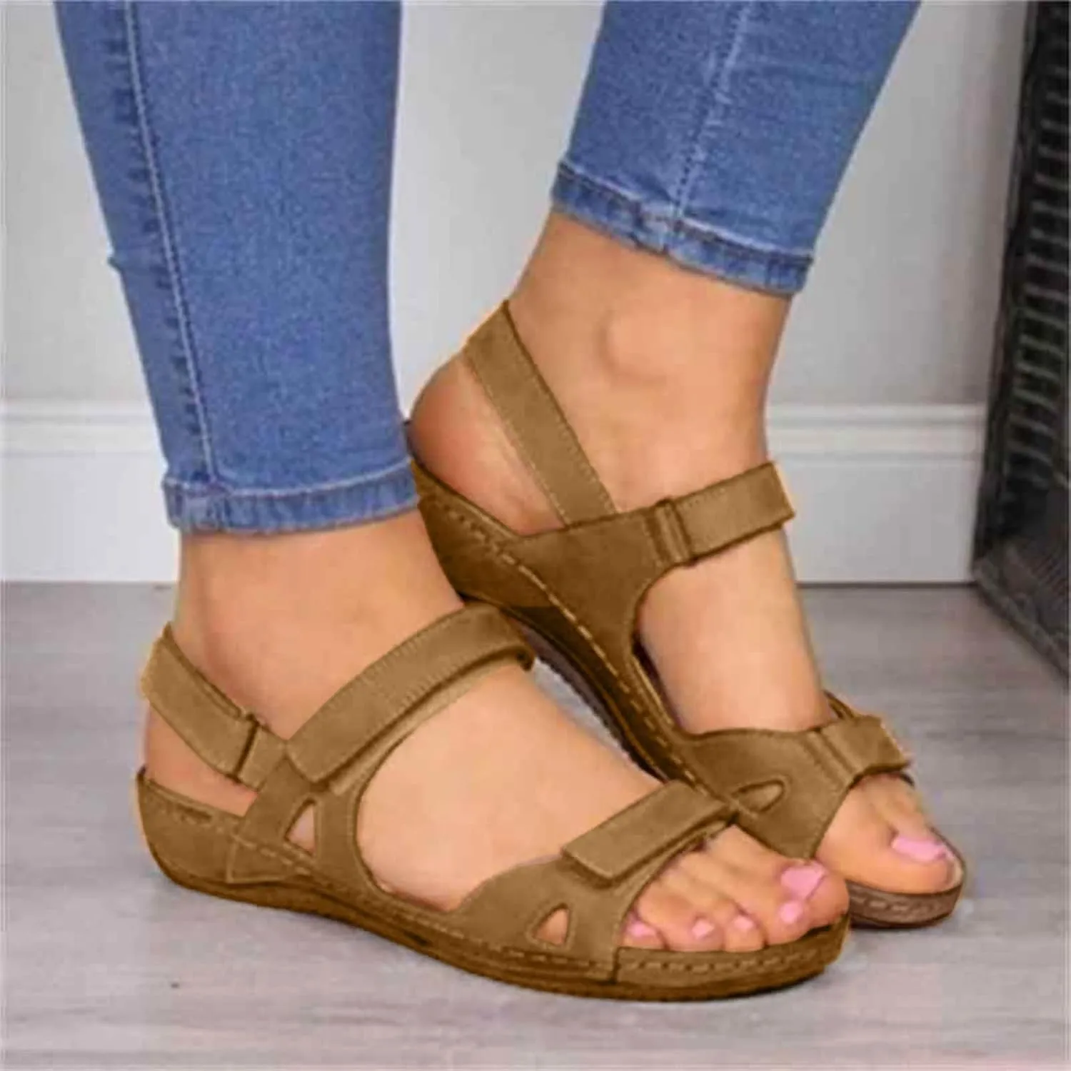 Orthopedic Sandals for Women Plantar Fasciitis Hook and Loop Flat Sandals Summer Outdoor Arch Support Massage Sandals