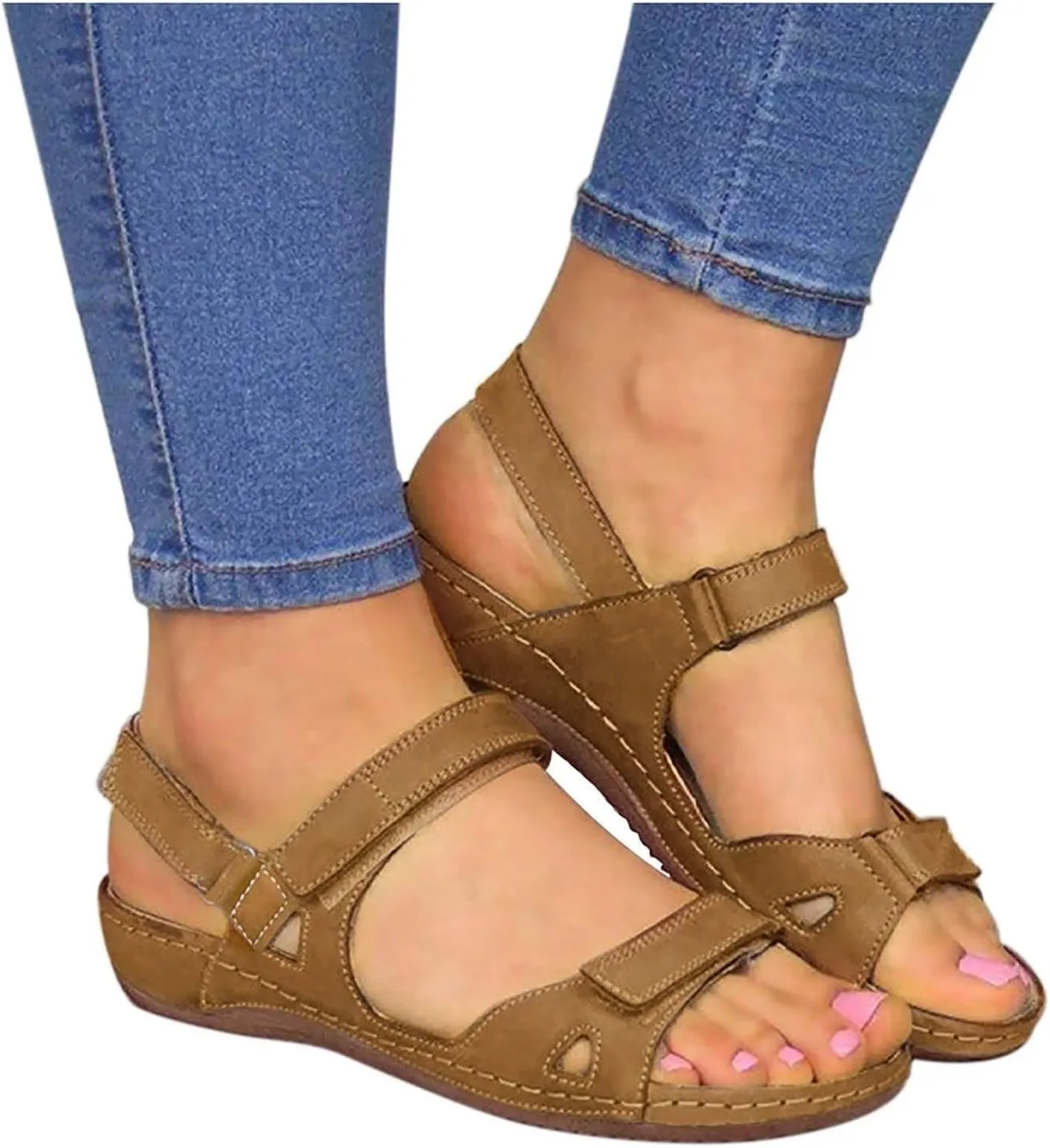 Orthopedic Sandals for Women Plantar Fasciitis Hook and Loop Flat Sandals Summer Outdoor Arch Support Massage Sandals